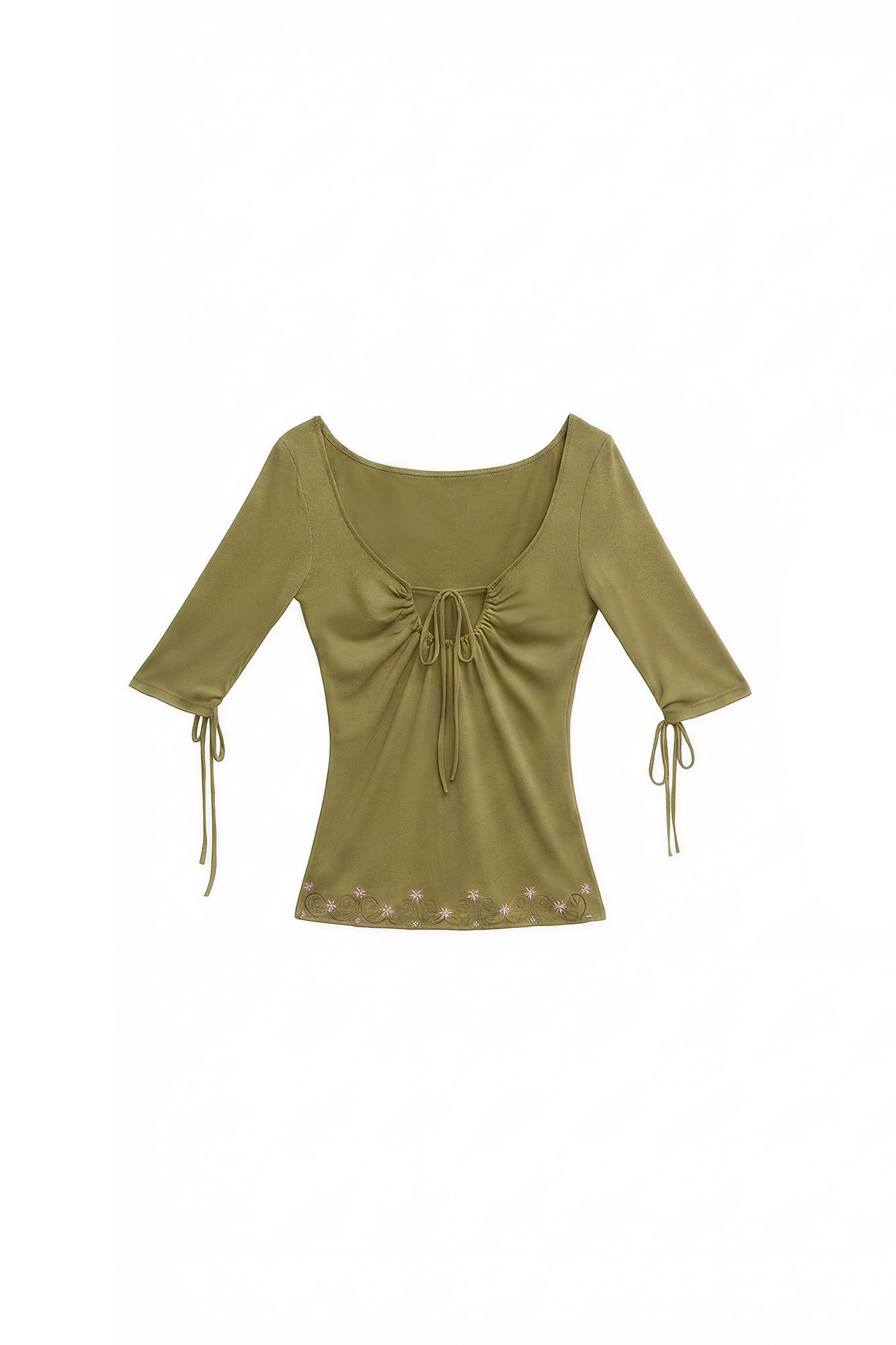 THE NEVERMORE Gathered Keyhole Ruched Embroidered Top