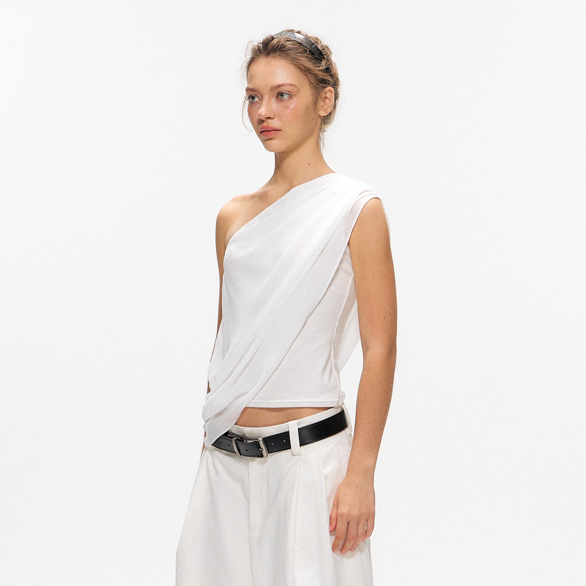 10AMSOTIIIIIIRED Asymmetrical Convertible Draped Overlay Top