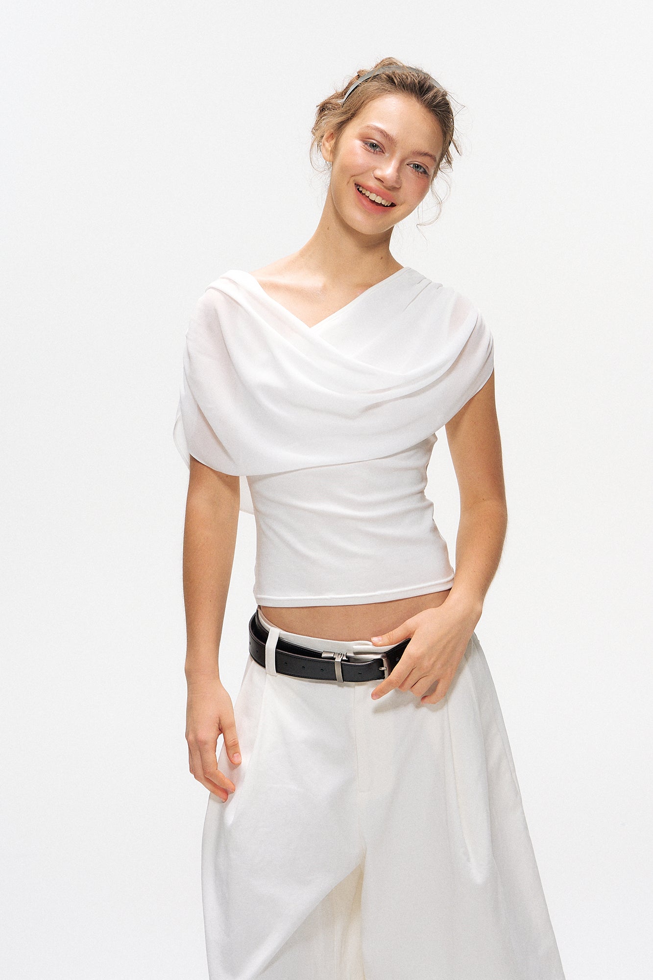 10AMSOTIIIIIIRED Asymmetrical Convertible Draped Overlay Top