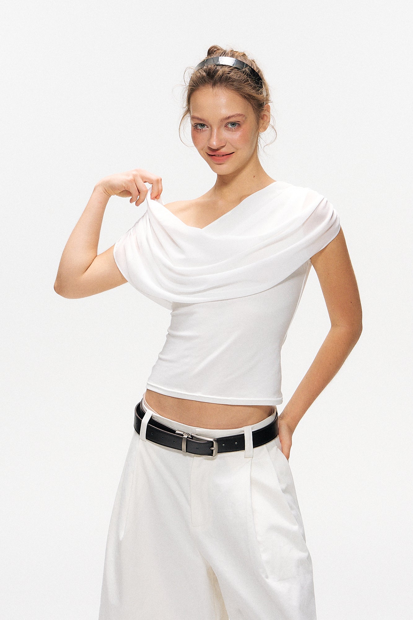 10AMSOTIIIIIIRED Asymmetrical Convertible Draped Overlay Top