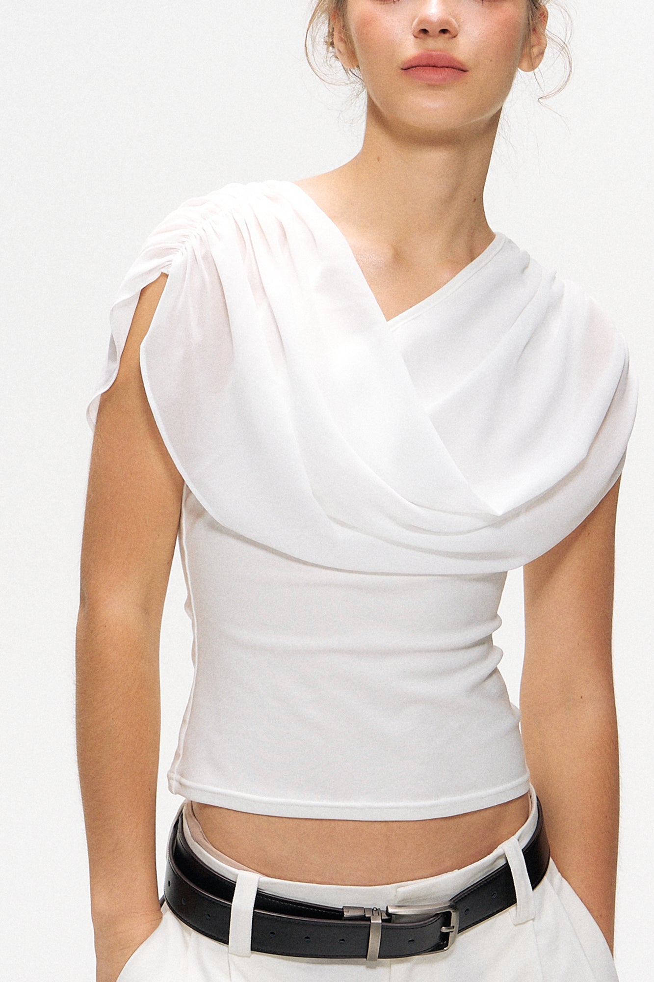 10AMSOTIIIIIIRED Asymmetrical Convertible Draped Overlay Top