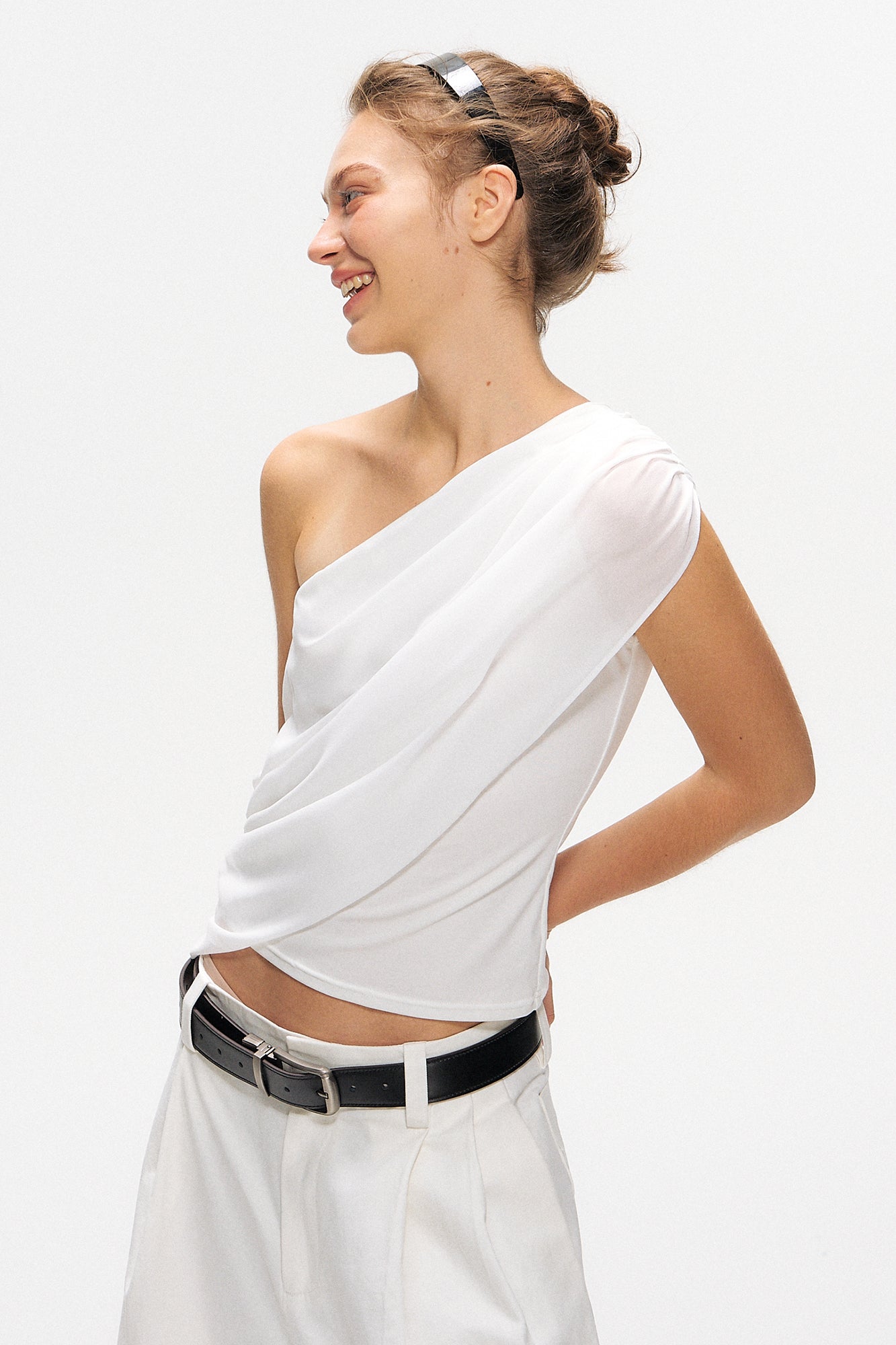 10AMSOTIIIIIIRED Asymmetrical Convertible Draped Overlay Top