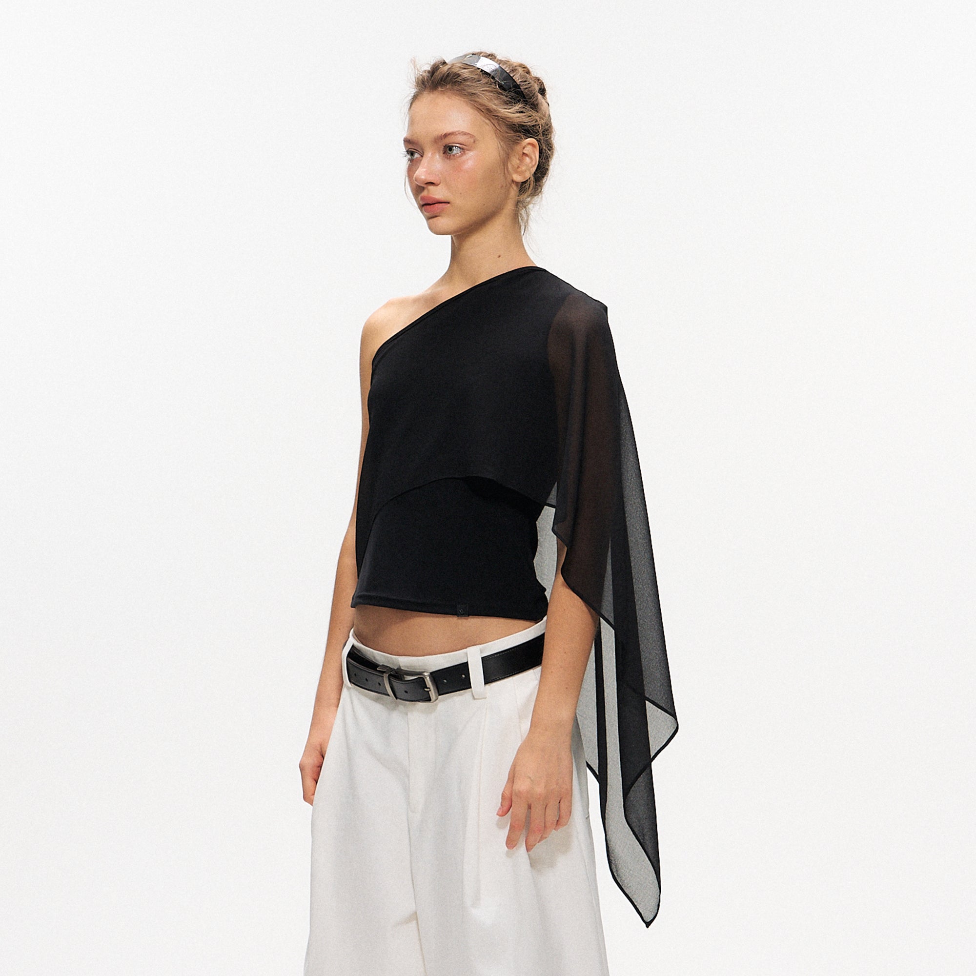 10AMSOTIIIIIIRED Asymmetrical Draped Cape-Sleeve Top