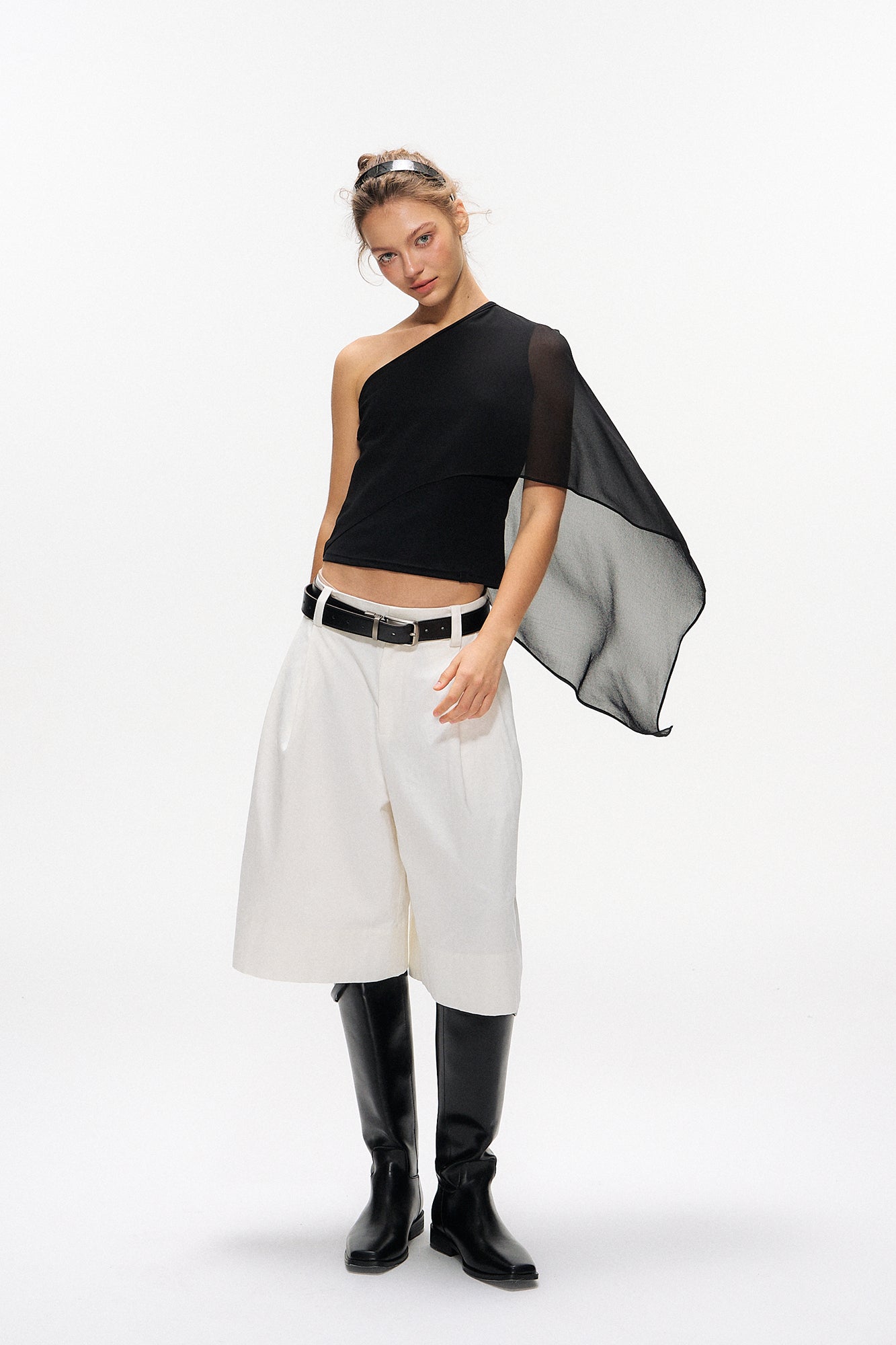 10AMSOTIIIIIIRED Asymmetrical Draped Cape-Sleeve Top