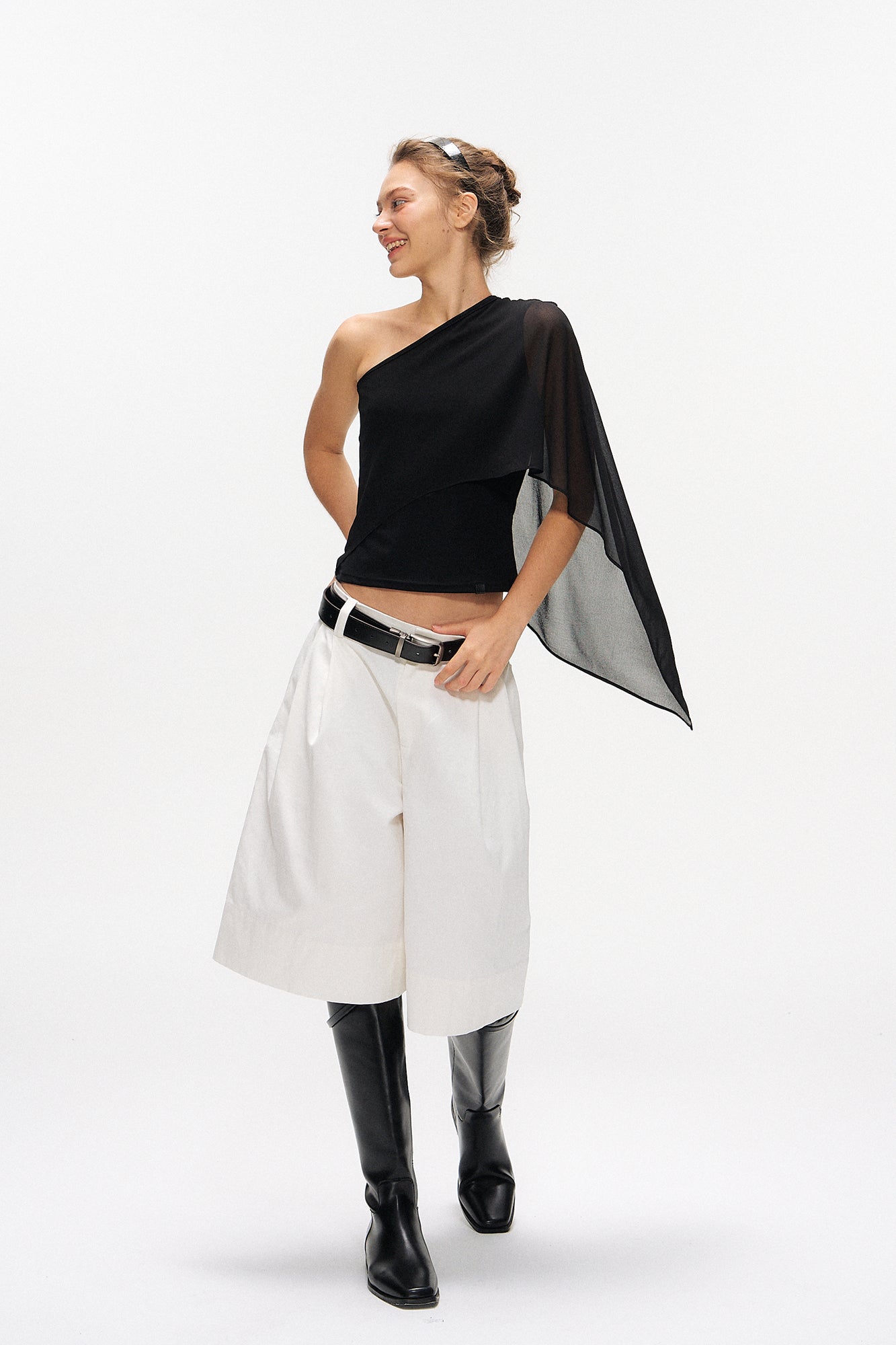 10AMSOTIIIIIIRED Asymmetrical Draped Cape-Sleeve Top