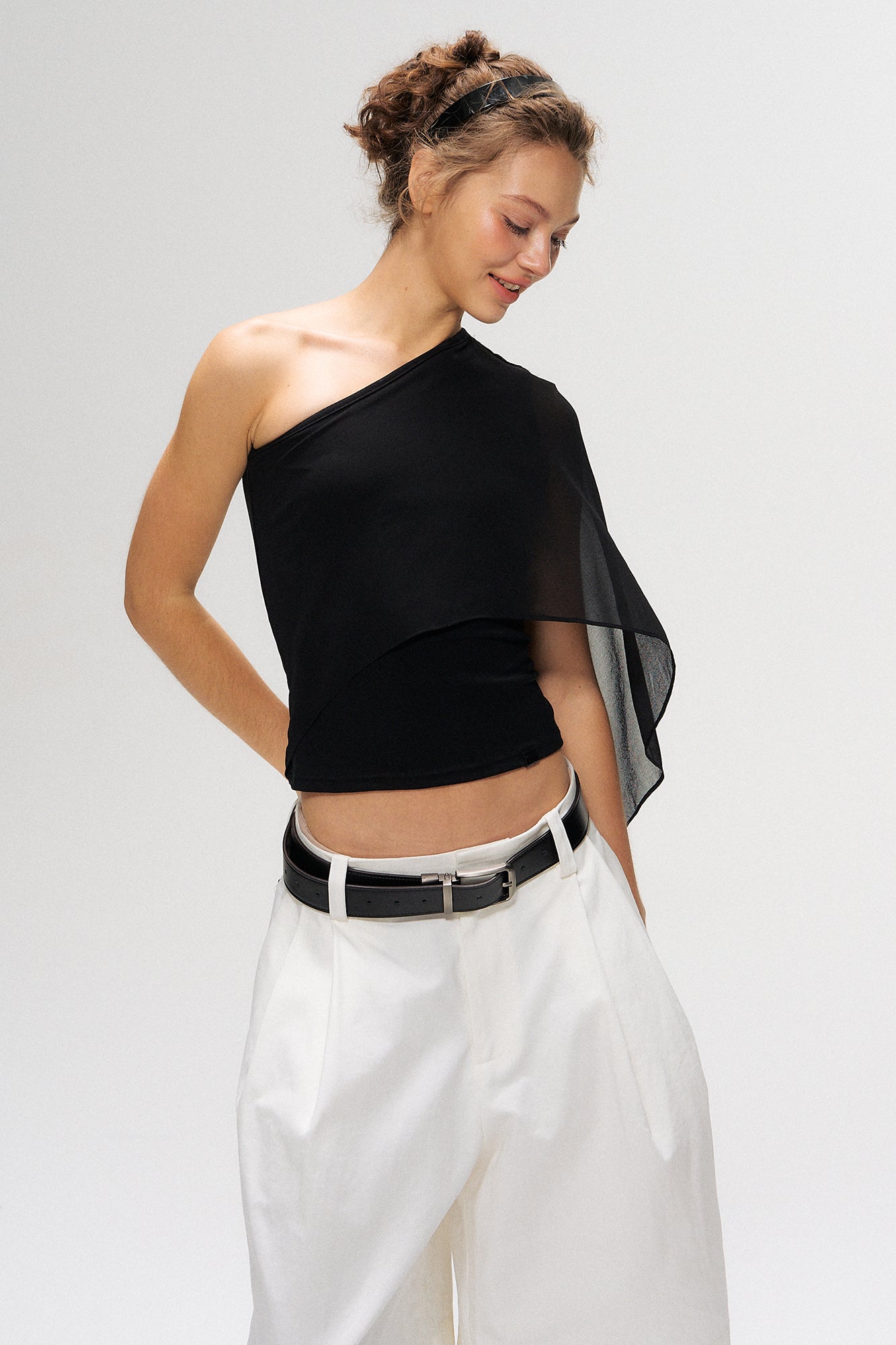 10AMSOTIIIIIIRED Asymmetrical Draped Cape-Sleeve Top