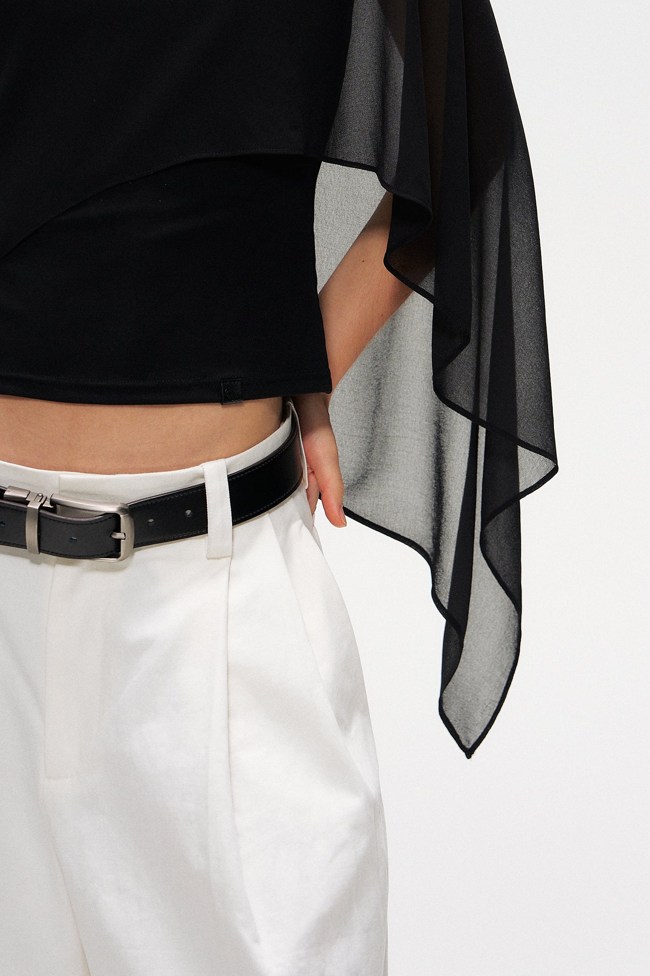 10AMSOTIIIIIIRED Asymmetrical Draped Cape-Sleeve Top