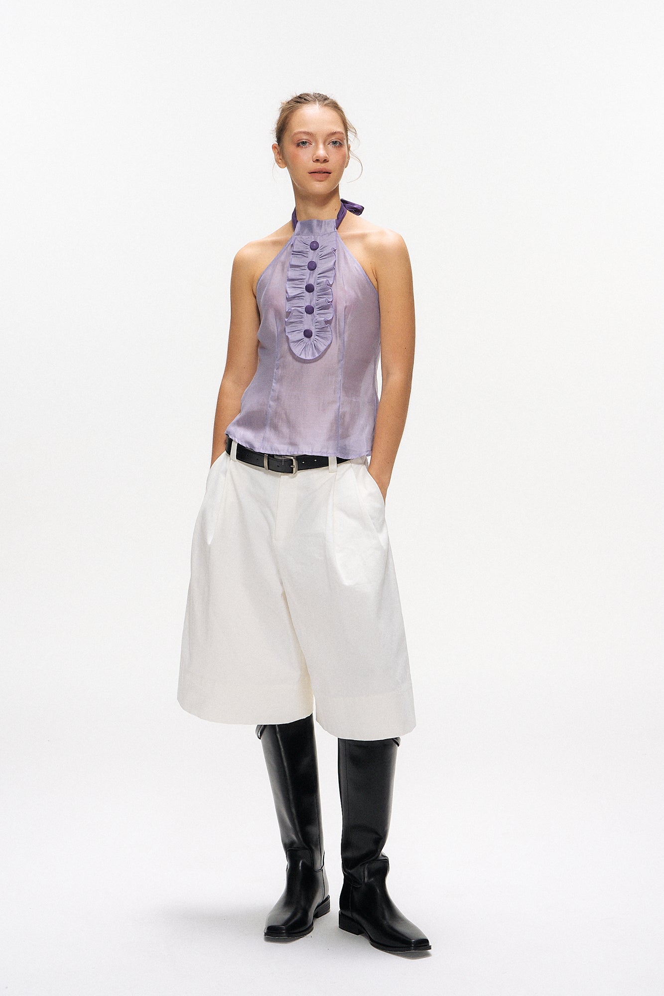 10AMSOTIIIIIIRED Convertible Ruffle Bib Top