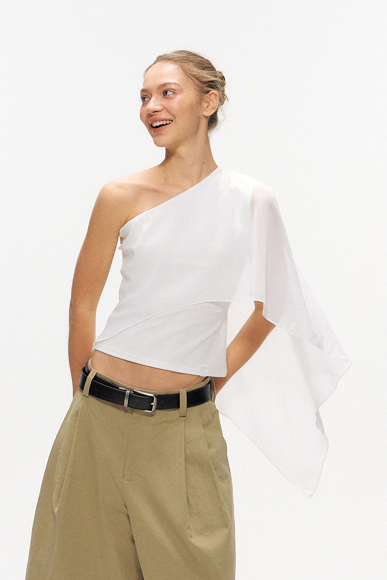 10AMSOTIIIIIIRED Asymmetrical Draped Cape-Sleeve Top