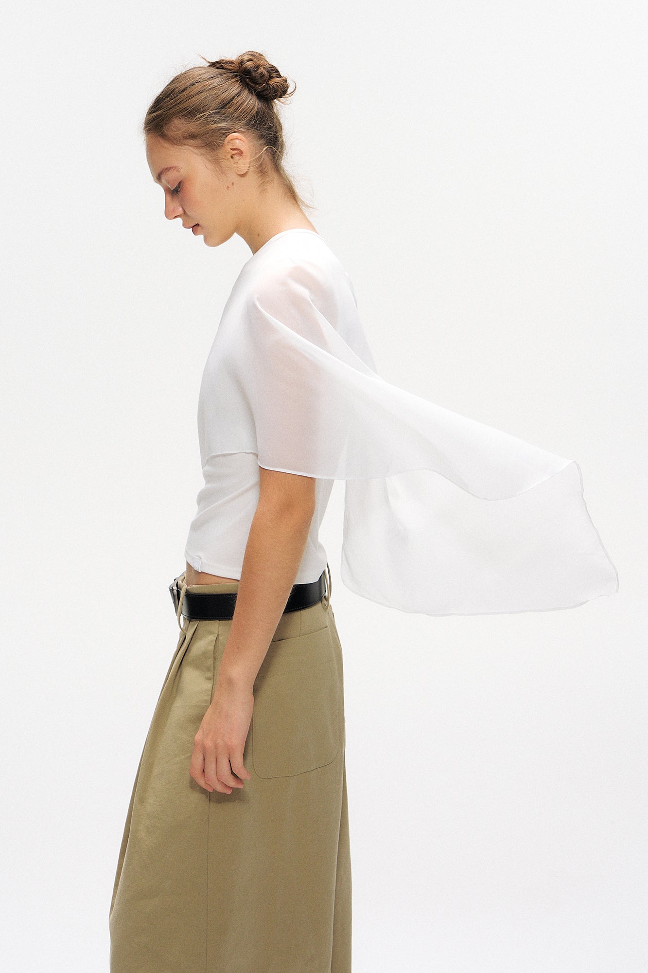 10AMSOTIIIIIIRED Asymmetrical Draped Cape-Sleeve Top