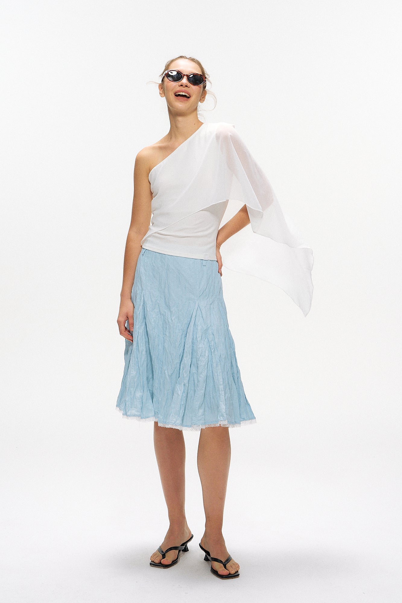 10AMSOTIIIIIIRED Asymmetrical Draped Cape-Sleeve Top