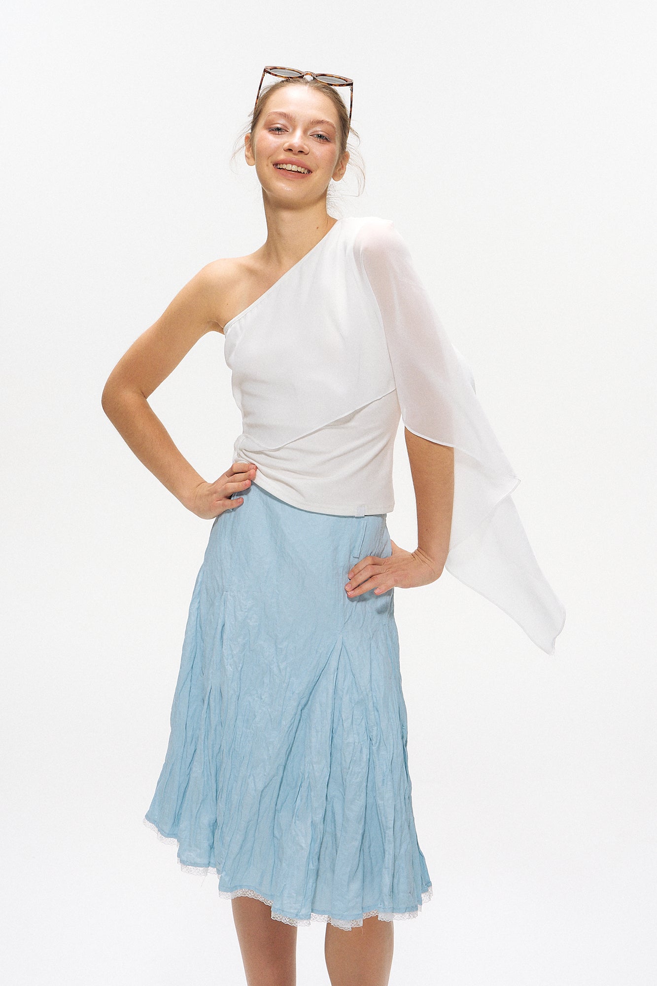 10AMSOTIIIIIIRED Asymmetrical Draped Cape-Sleeve Top