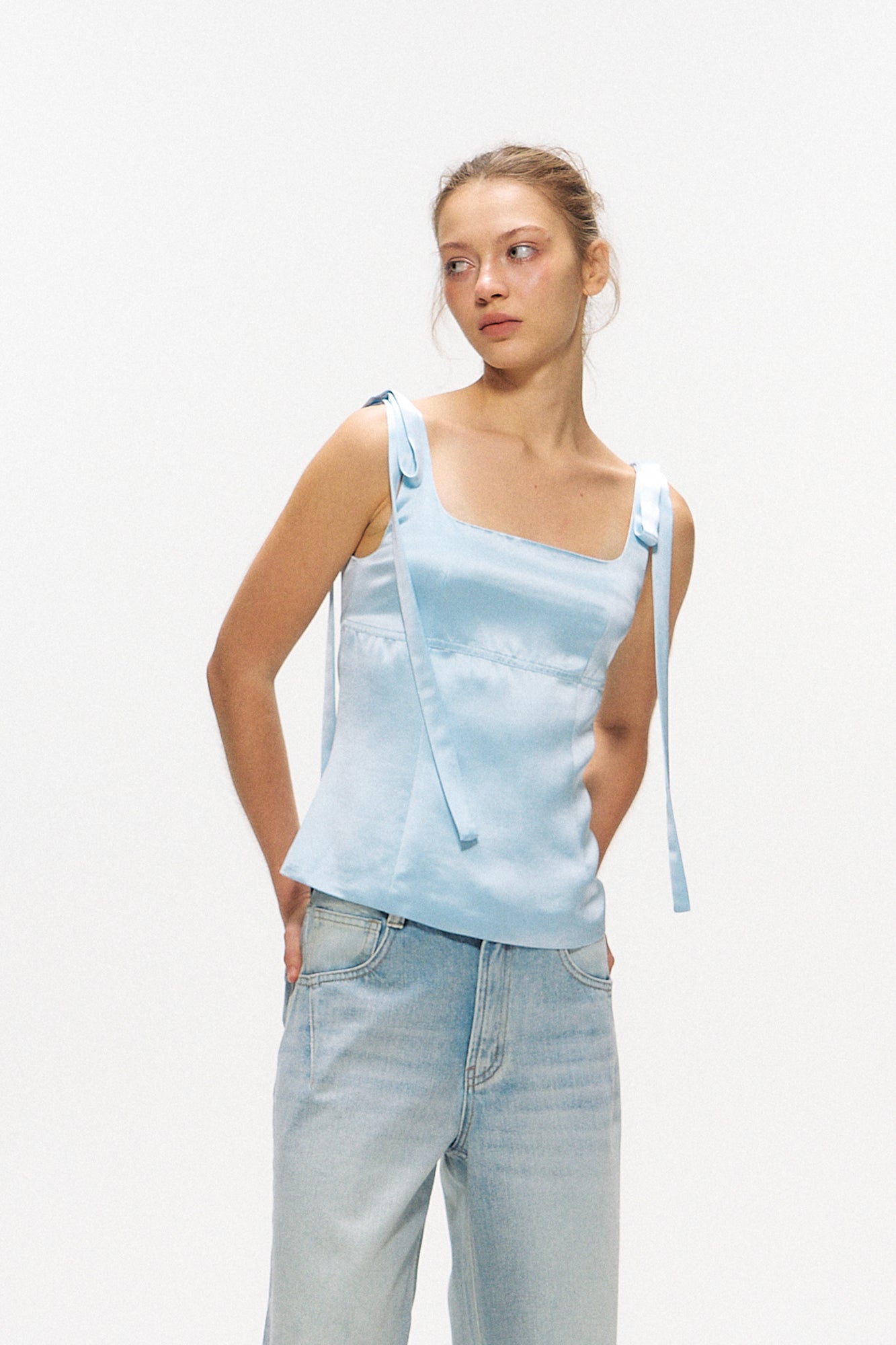 10AMSOTIIIIIIRED Bow-Shoulder Square-Neck Satin Top