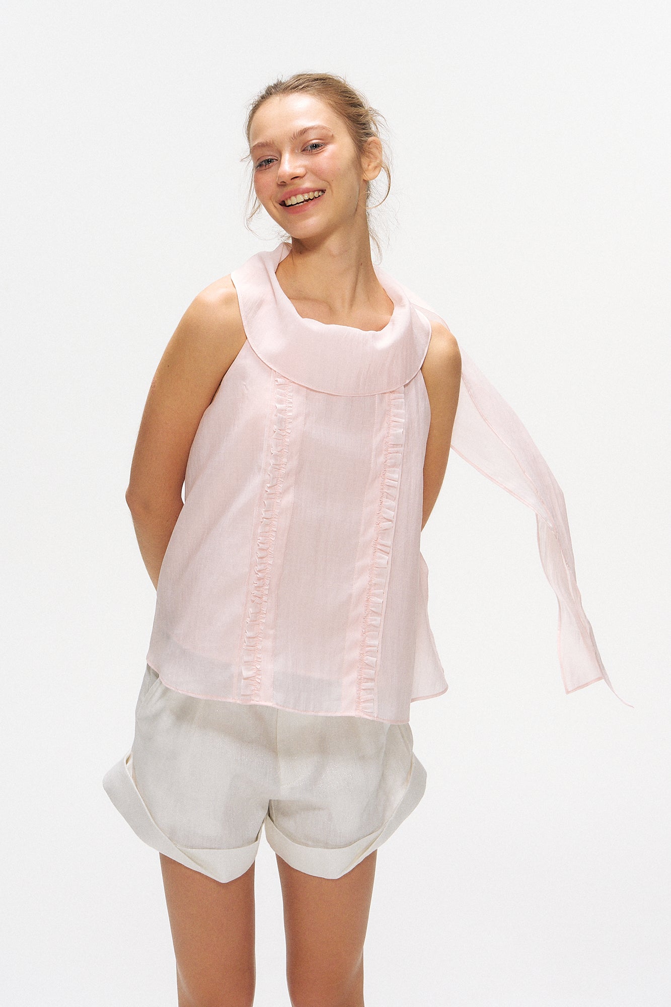 10AMSOTIIIIIIRED Drape-Collar Ruffle Trim Tank Top