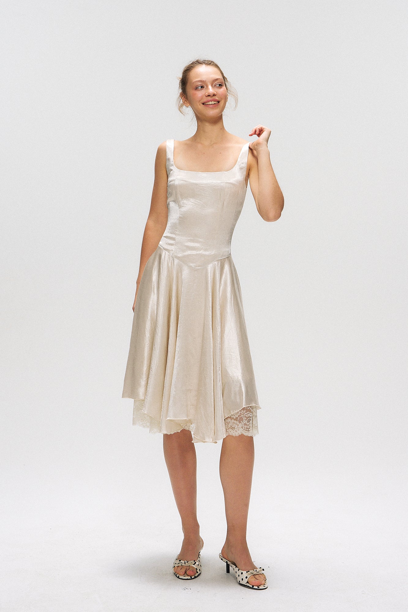 10AMSOTIIIIIIRED Lace-Up Back Lace-Hem Dress