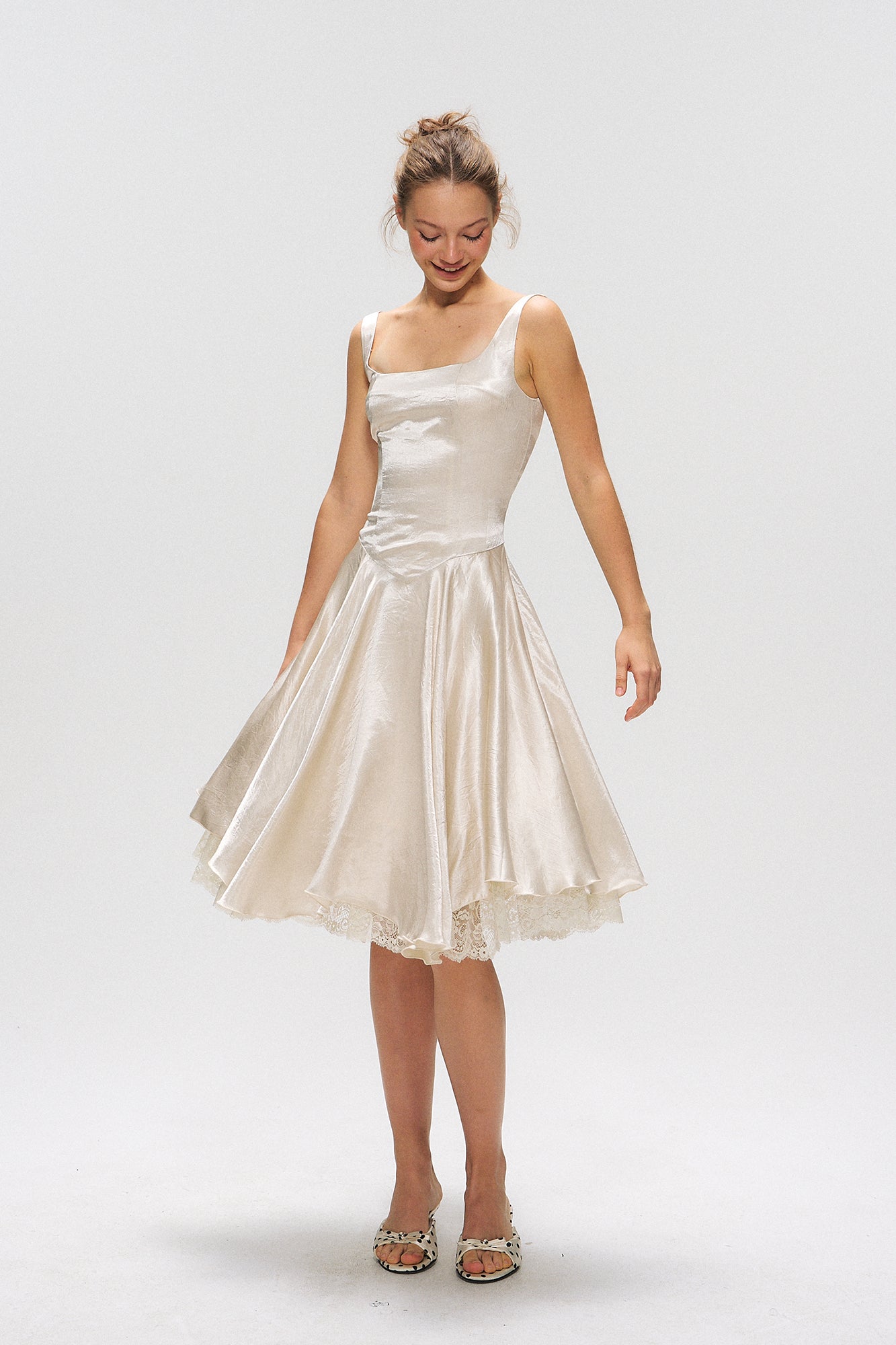 10AMSOTIIIIIIRED Lace-Up Back Lace-Hem Dress