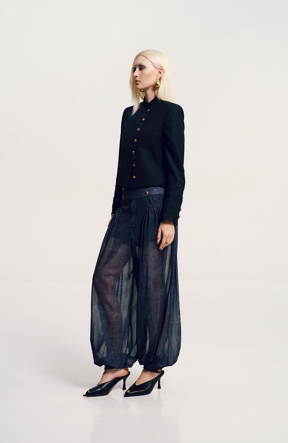 AWOKENTIME Padded-Shoulder Stand-Collar Wool-Blend Metal-Button Blazer