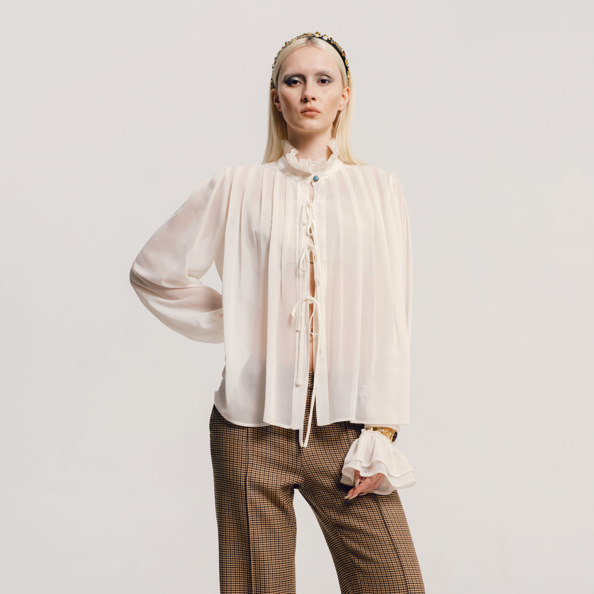 AWOKENTIME Ruffle Collar Lantern-Sleeve Sheer Black Shirt