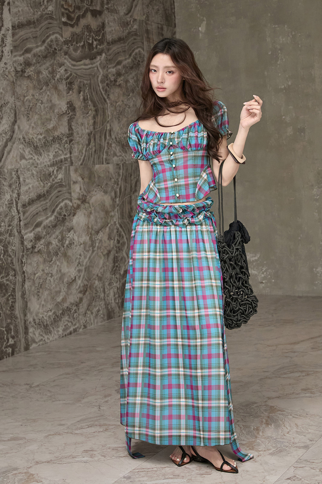 MXU Retro Plaid Ruched Top & Maxi Skirt Set