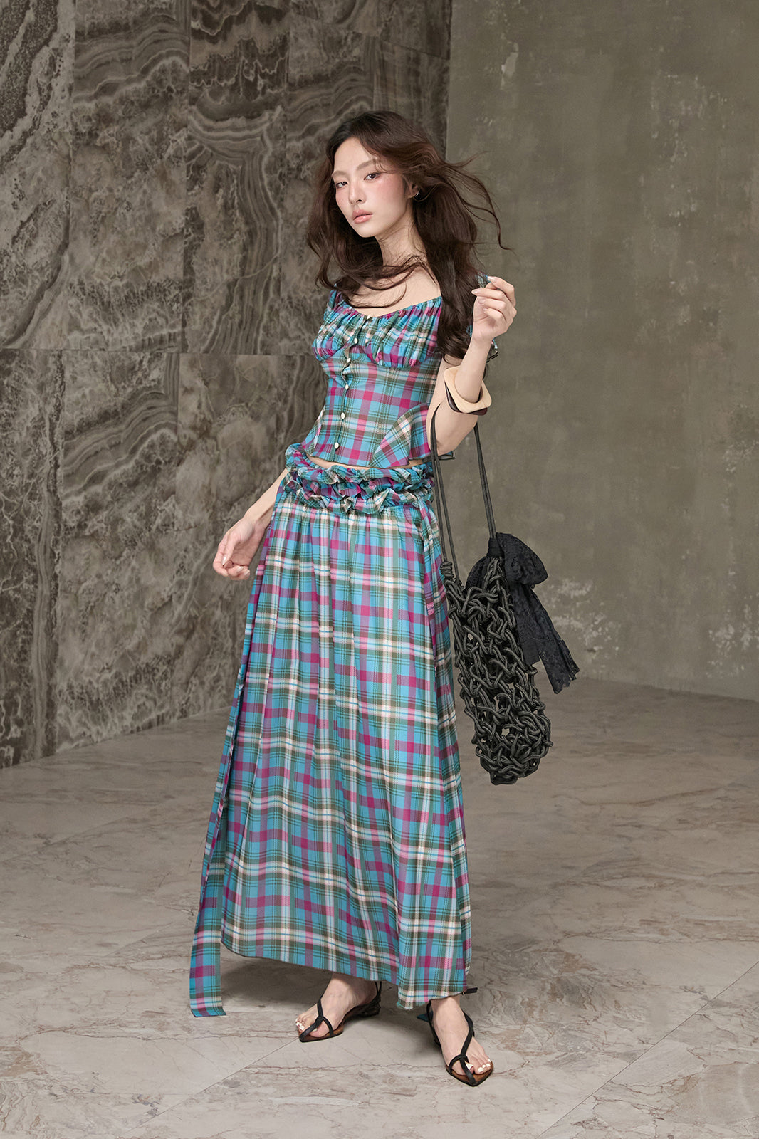 MXU Retro Plaid Ruched Top & Maxi Skirt Set
