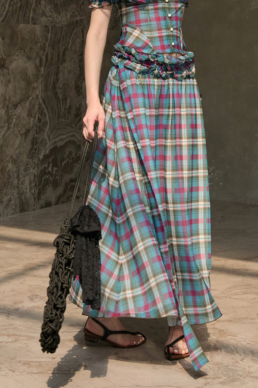 MXU Retro Plaid Ruched Top & Maxi Skirt Set