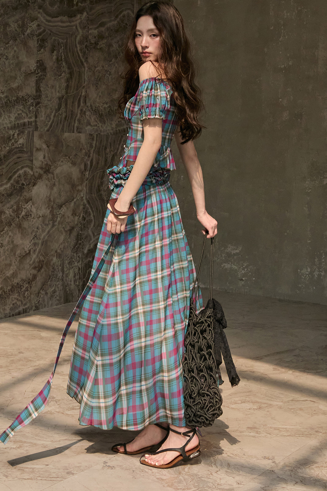 MXU Retro Plaid Ruched Top & Maxi Skirt Set
