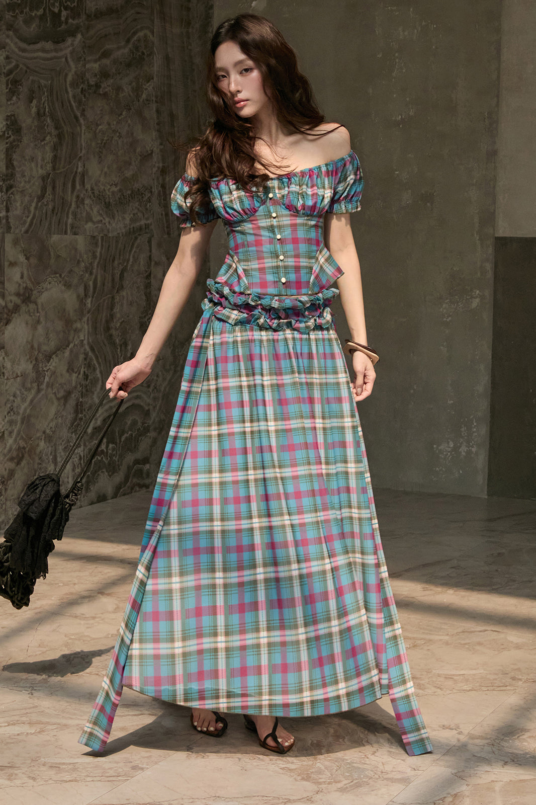 MXU Retro Plaid Ruched Top & Maxi Skirt Set