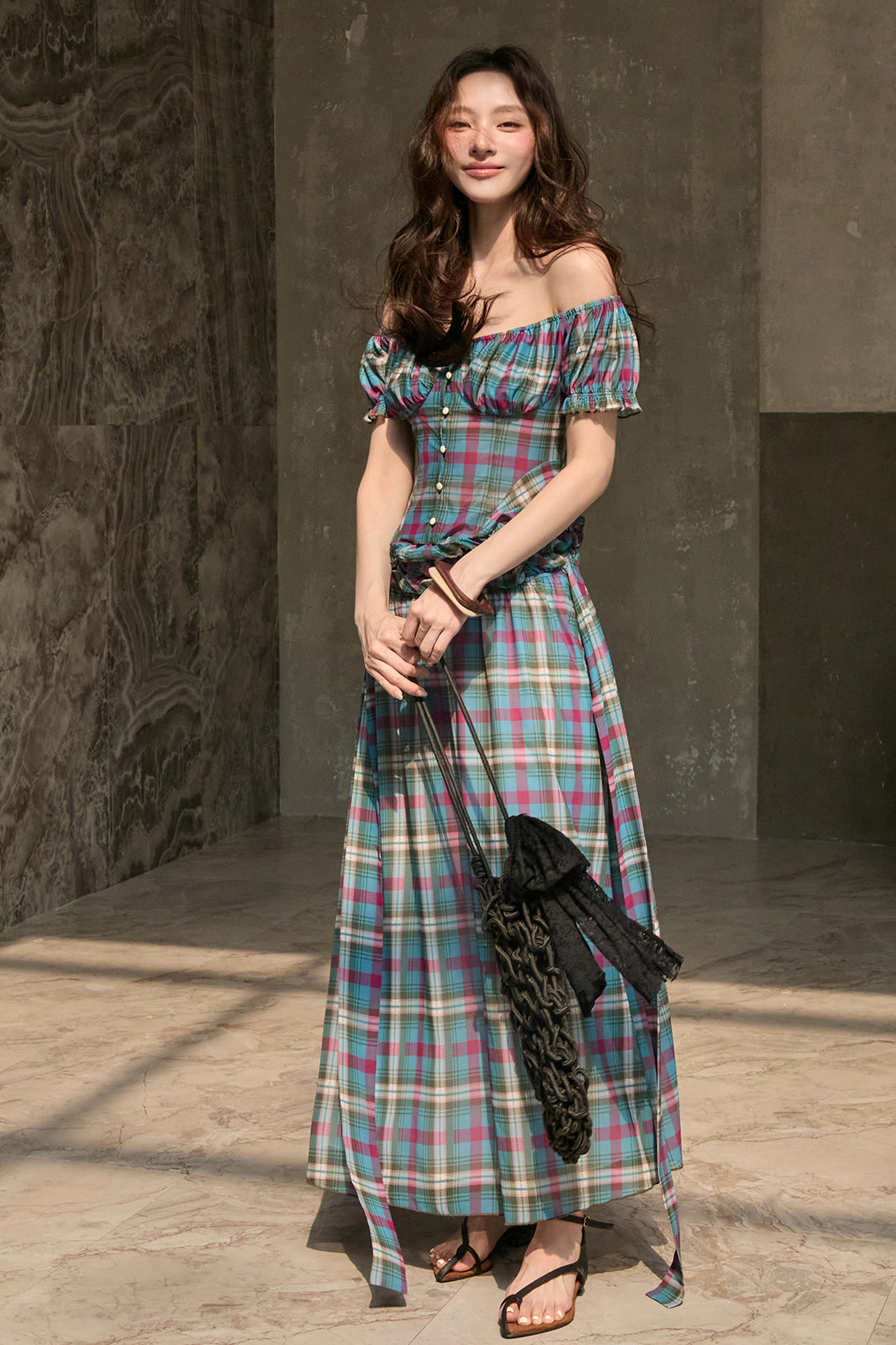 MXU Retro Plaid Ruched Top & Maxi Skirt Set