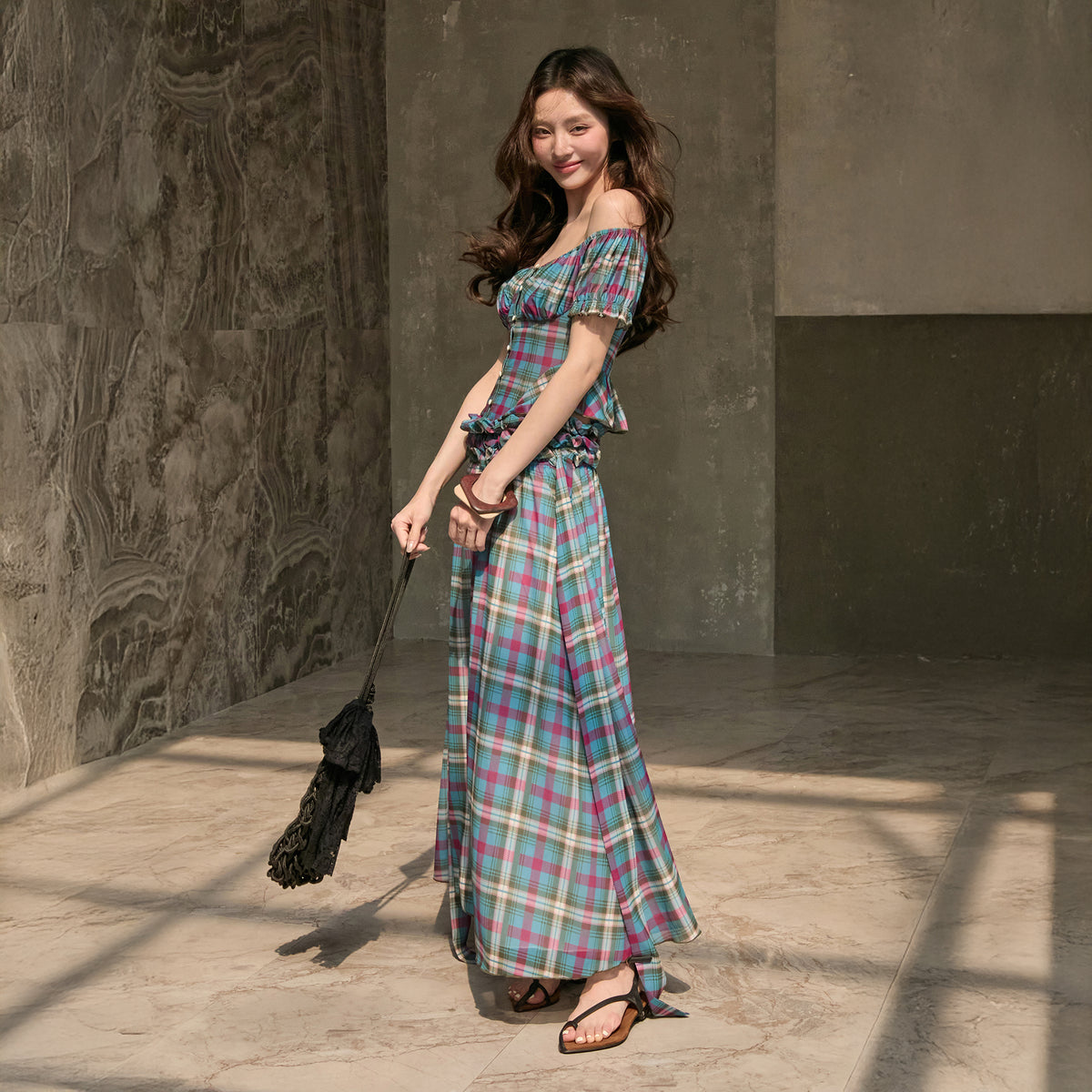 MXU Retro Plaid Ruched Top & Maxi Skirt Set
