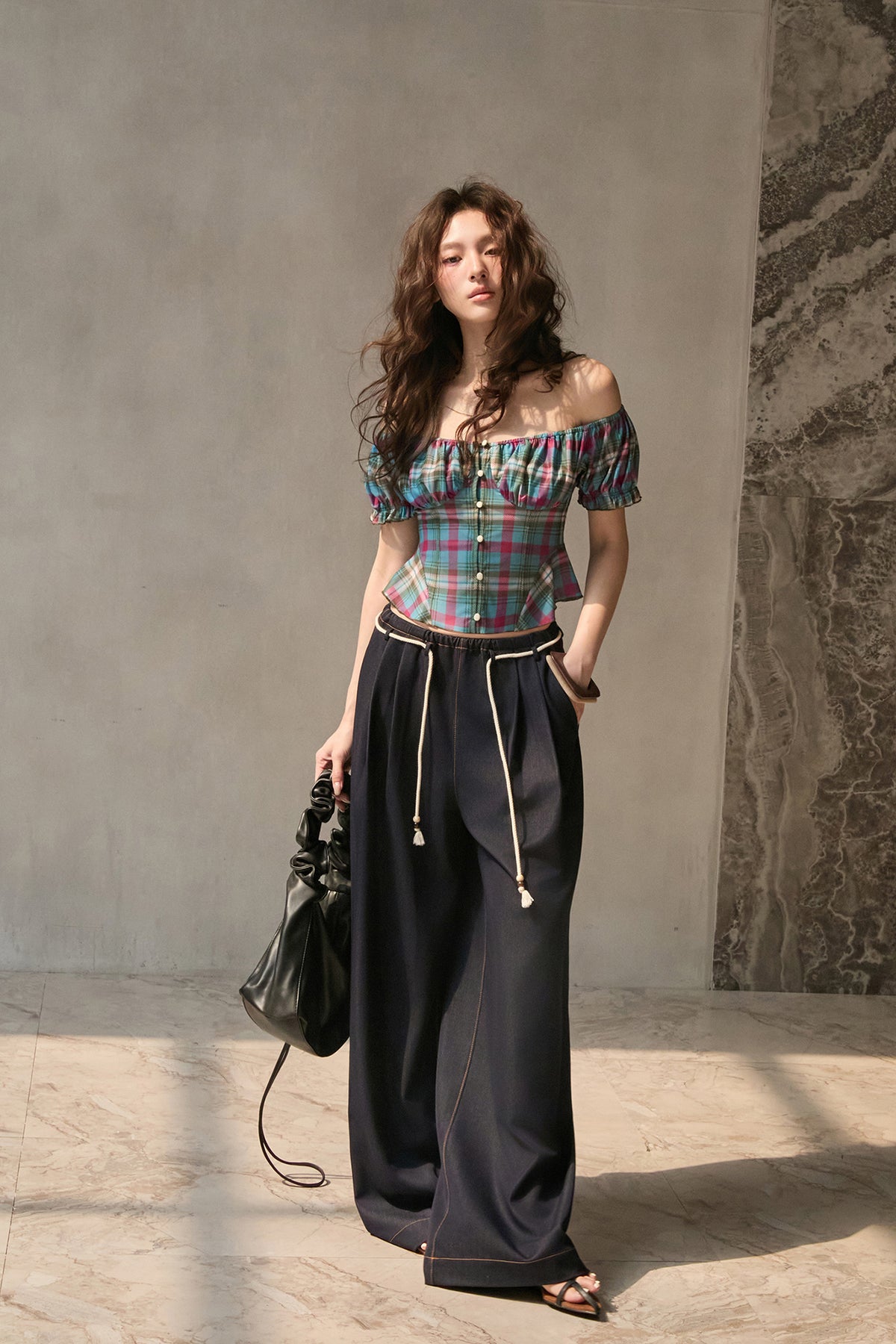 MXU Retro Plaid Ruched Top & Maxi Skirt Set