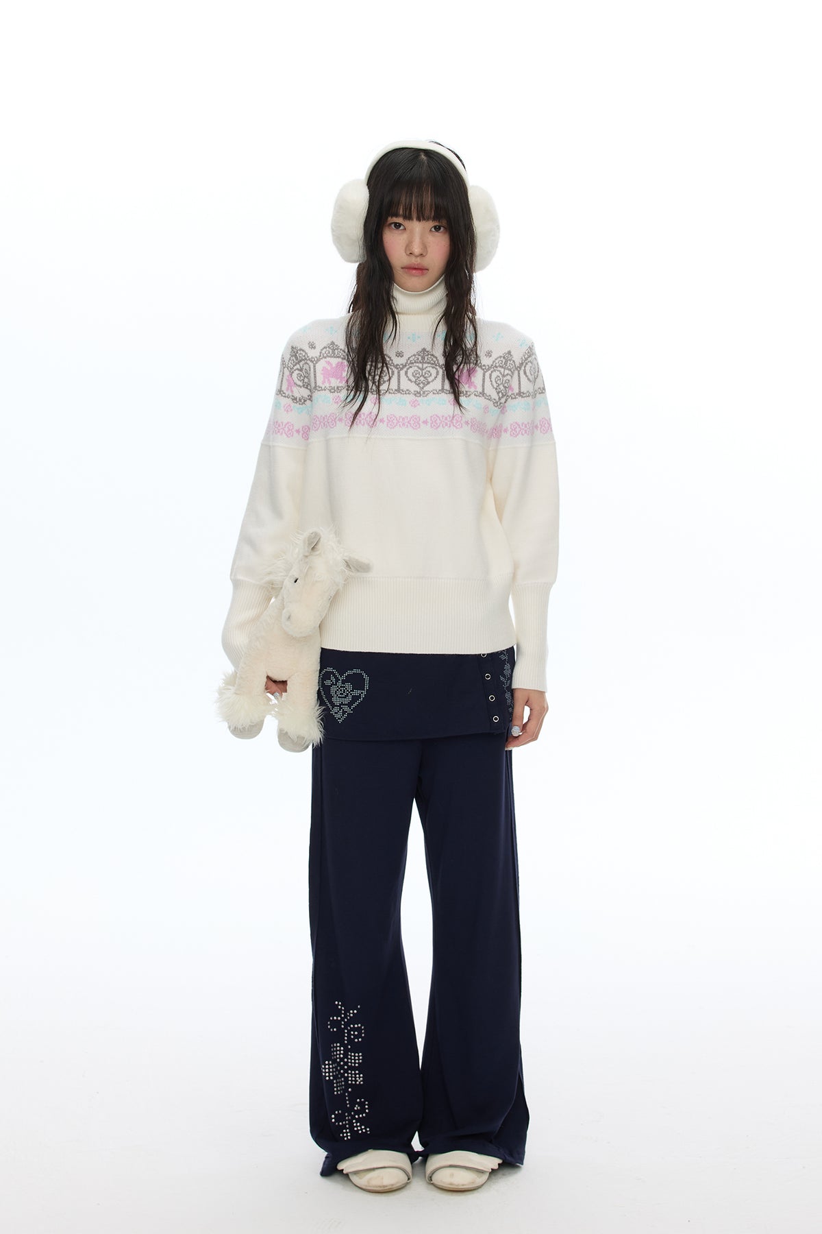 BETWEENAND Diamond Graphic Skirt-Overlay Flared Sweatpants