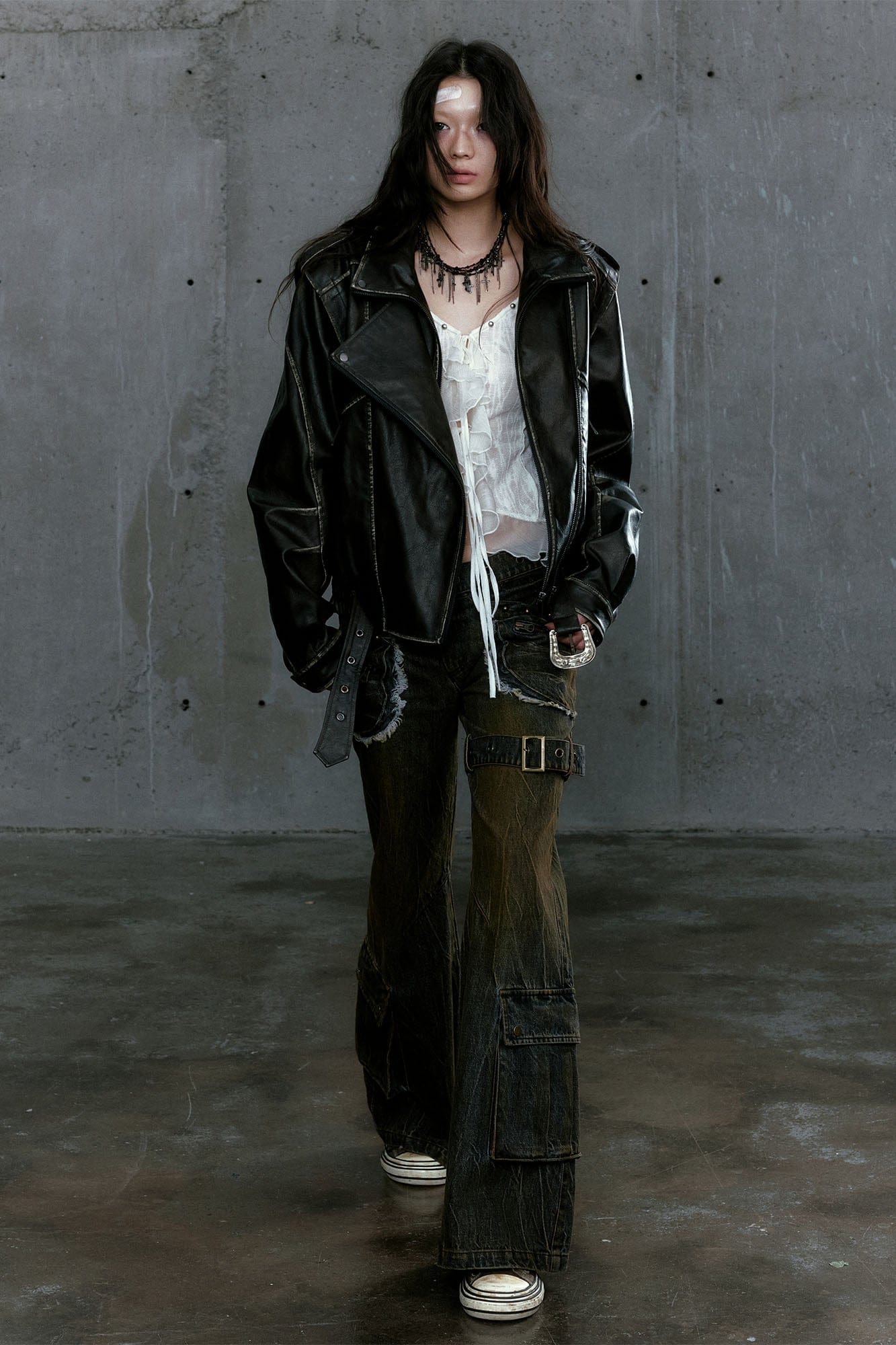 CESTNOUS Distressed Dual-Zip Faux Leather Biker Jacket