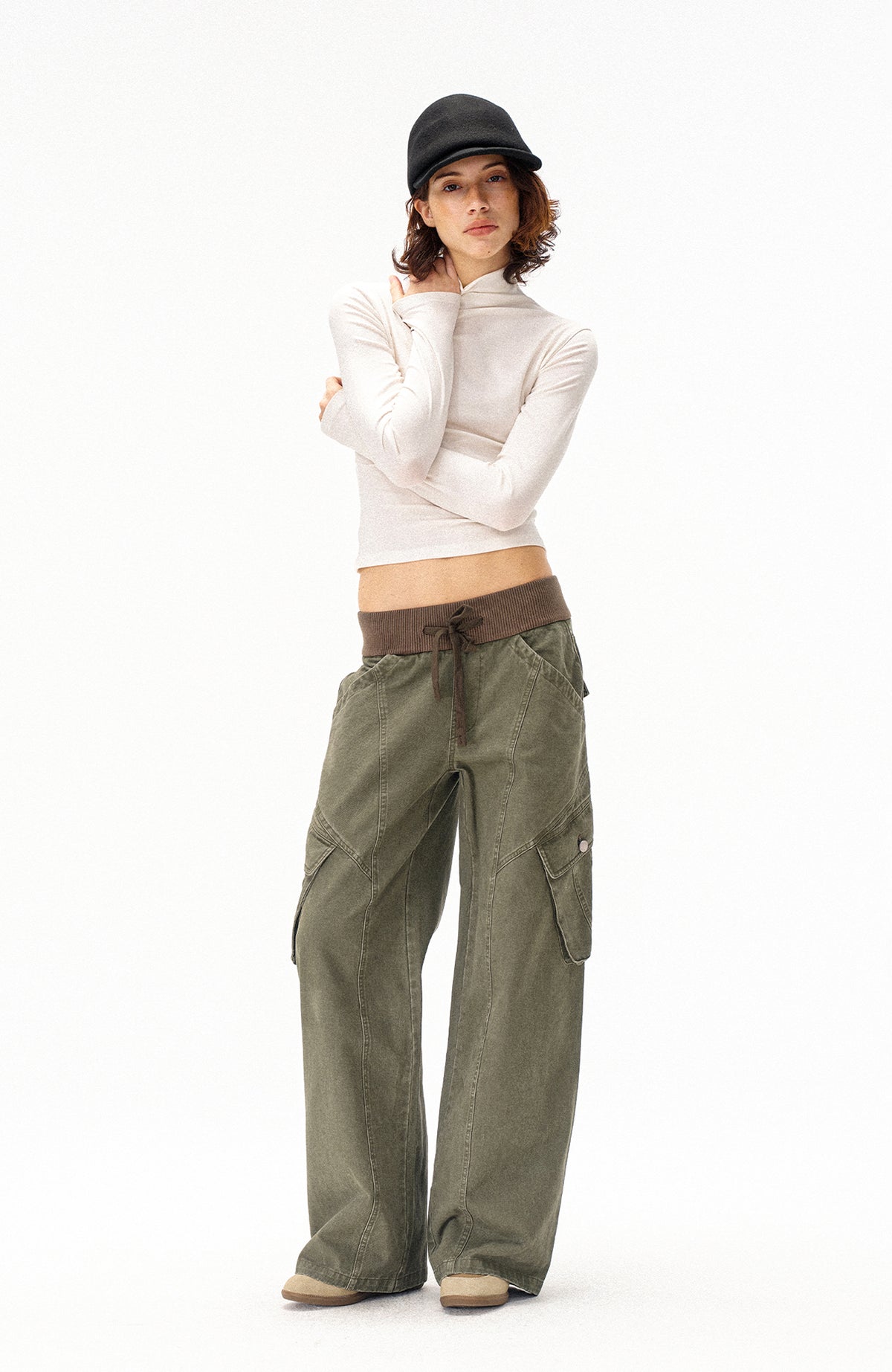 COSTUSTOOT Multi-Pocket Washed Distressed Ribbed Waist Cargo Pants