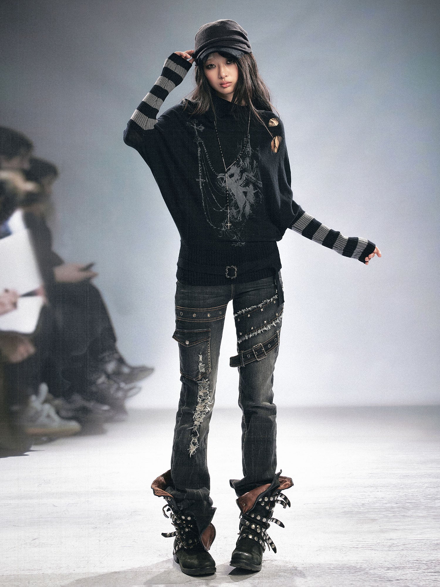 CESTNOUS Gothic Graphic Striped Bat-Sleeve Sweater