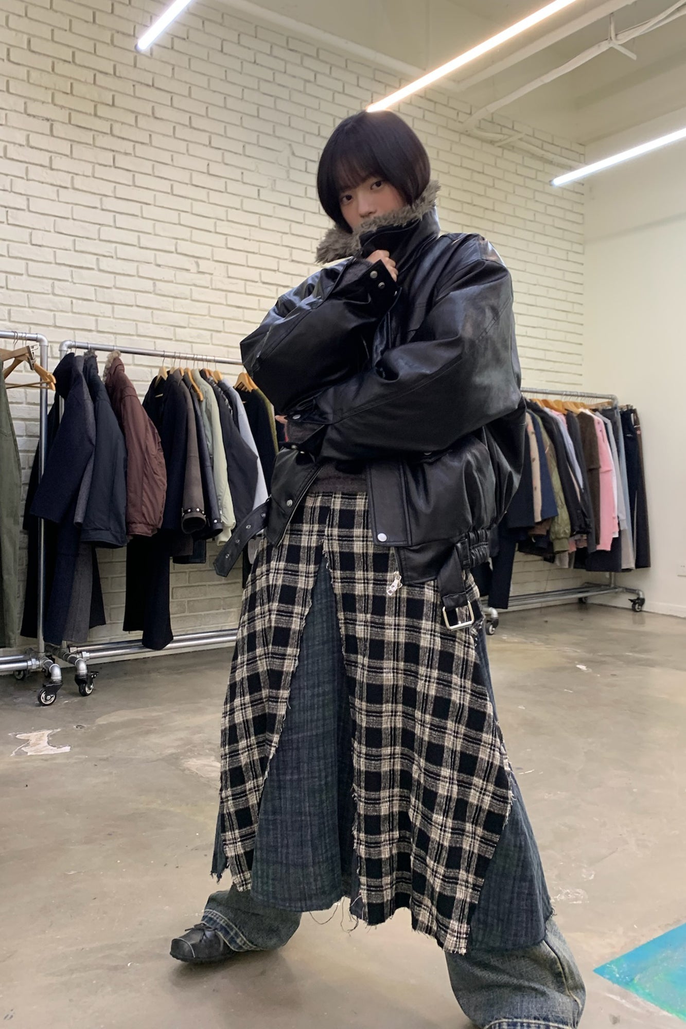 NEVERSEEZ Raw-Edge Plaid Panel Midi Skirt