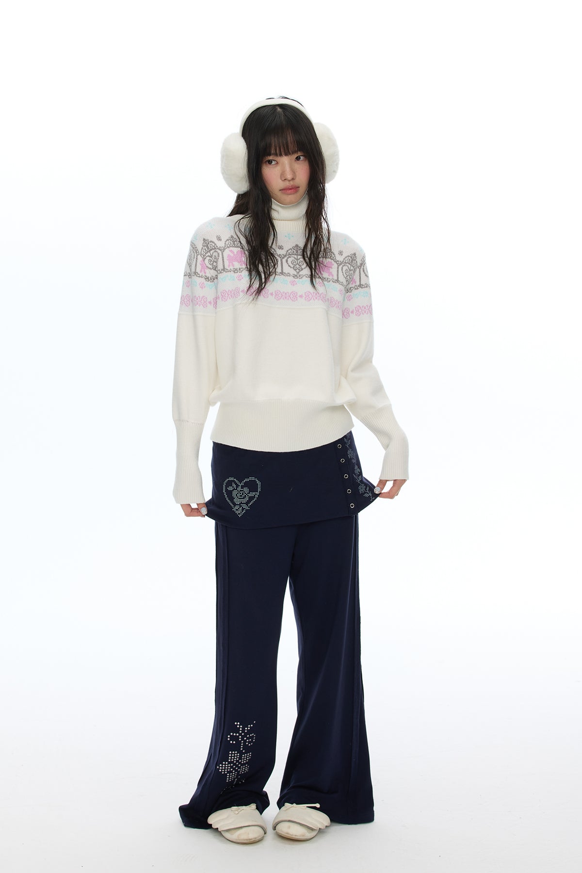 BETWEENAND Diamond Graphic Skirt-Overlay Flared Sweatpants