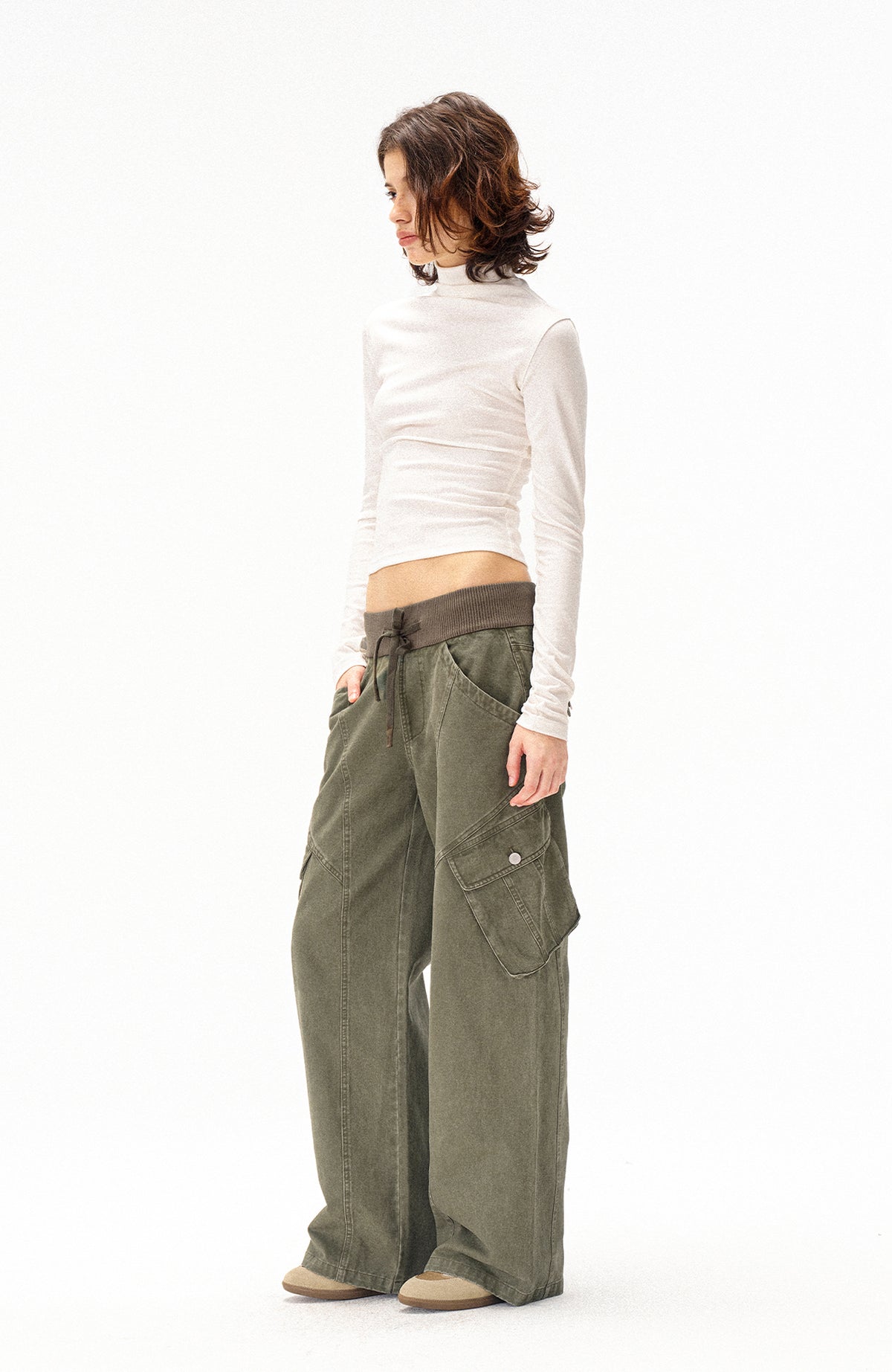 COSTUSTOOT Multi-Pocket Washed Distressed Ribbed Waist Cargo Pants