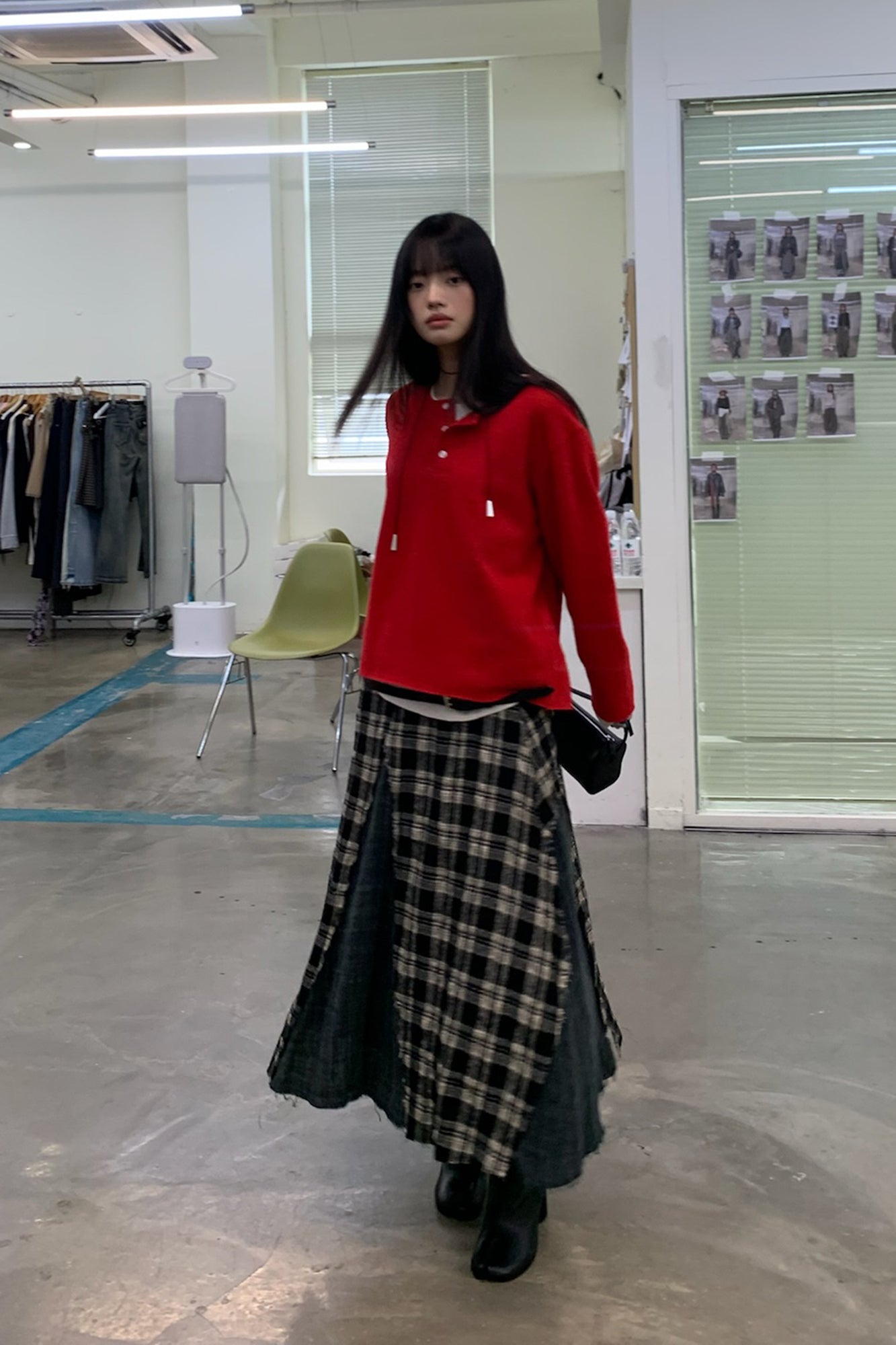NEVERSEEZ Raw-Edge Plaid Panel Midi Skirt