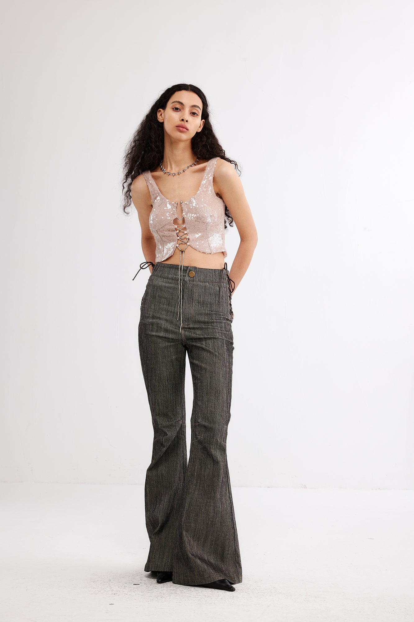 JIUWU PARK Sequin Lace-Up Hardware Tank Top