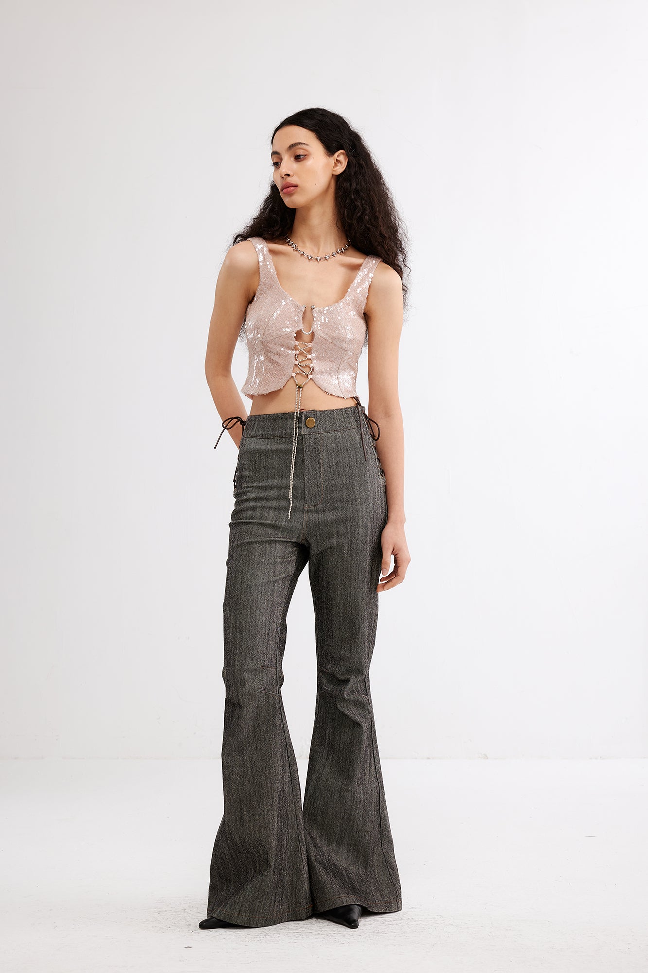 JIUWU PARK Sequin Lace-Up Hardware Tank Top