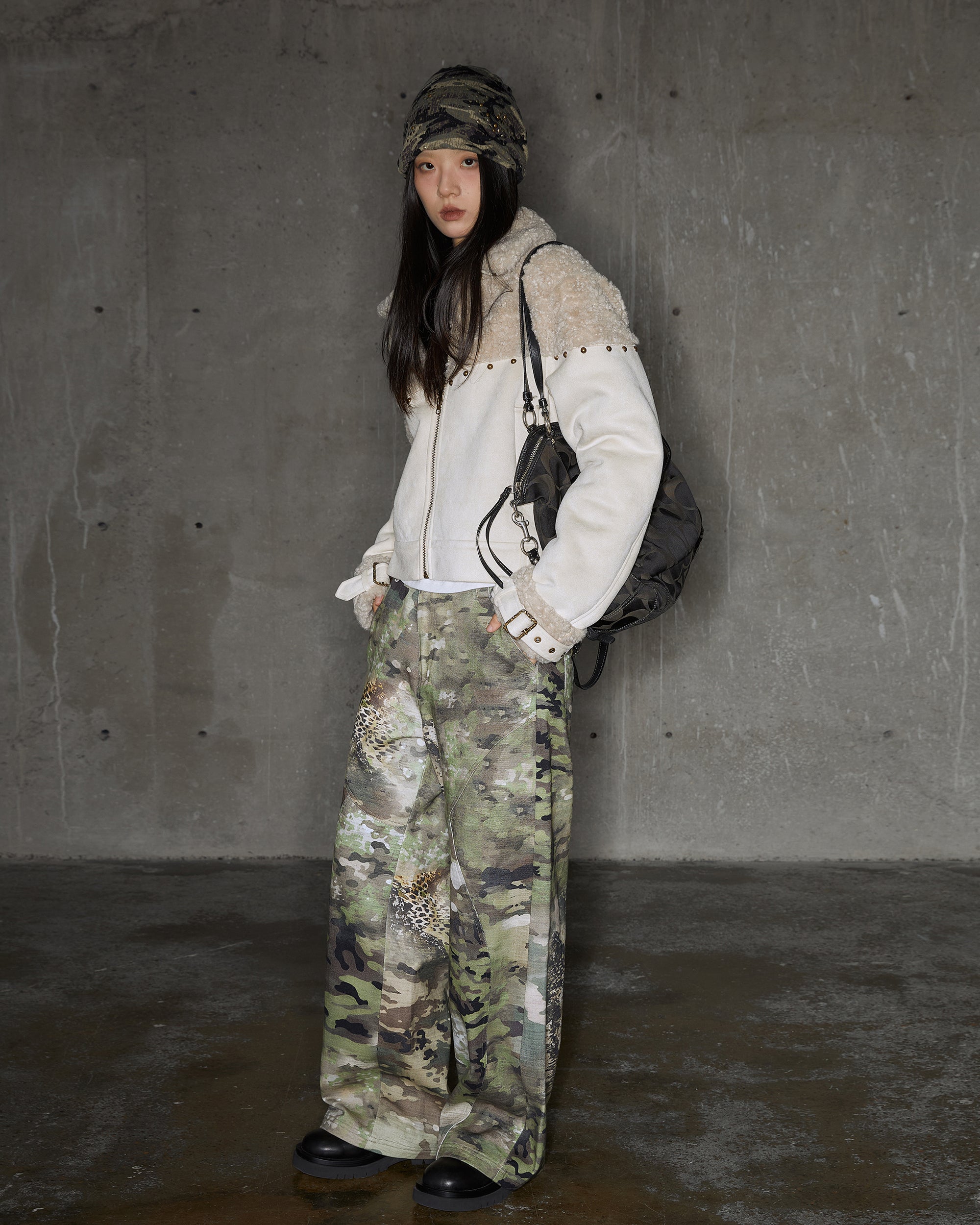 CONFUN Studded Paneled Faux Shearling Jacket