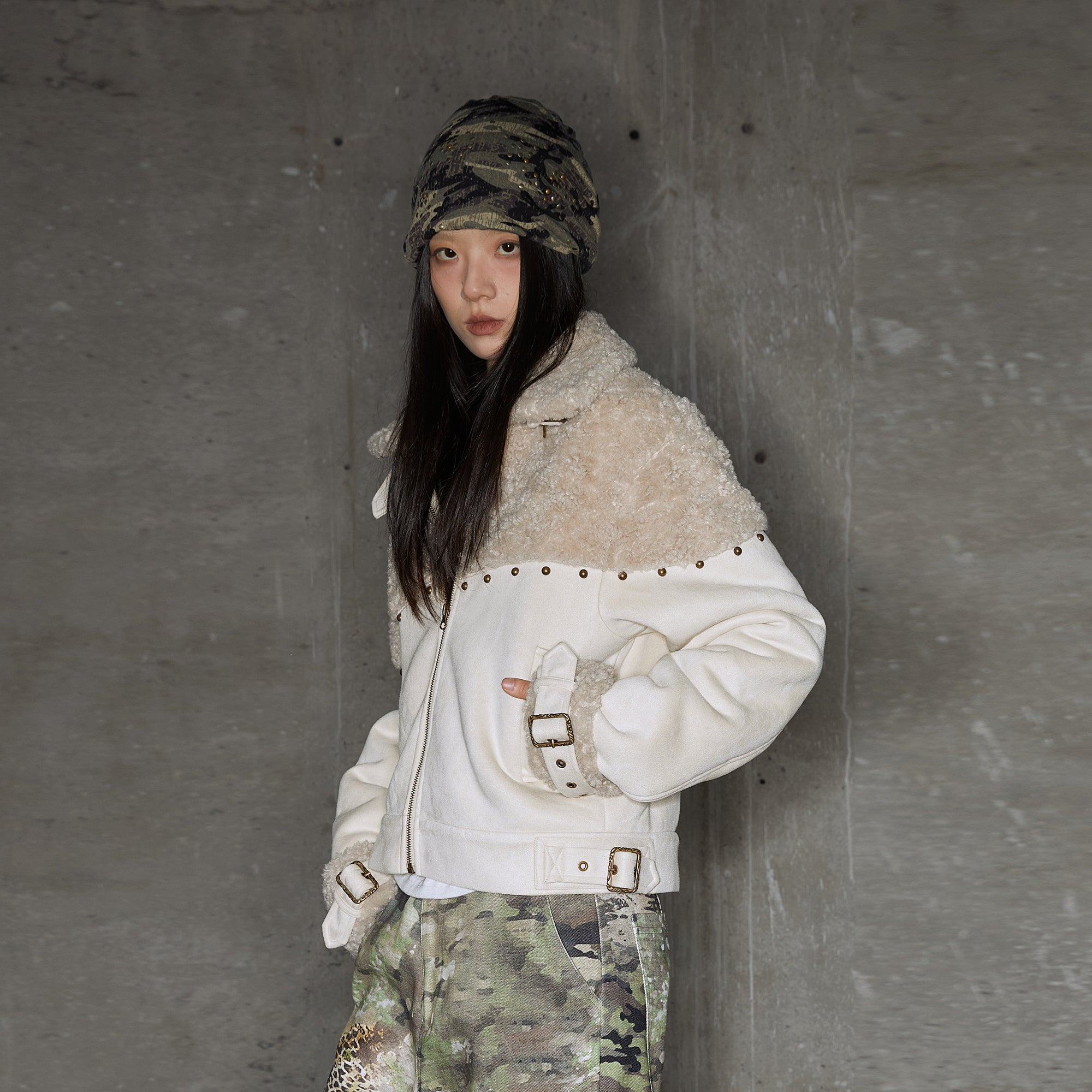 CONFUN Studded Paneled Faux Shearling Jacket