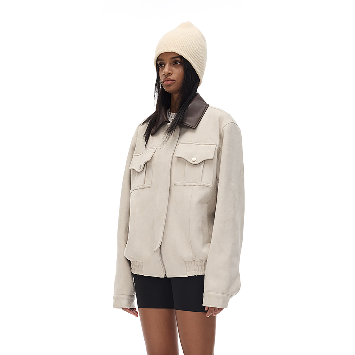 COSTUSTOOT Contrast-Collar Suede Oversized Big-Pocket Jacket
