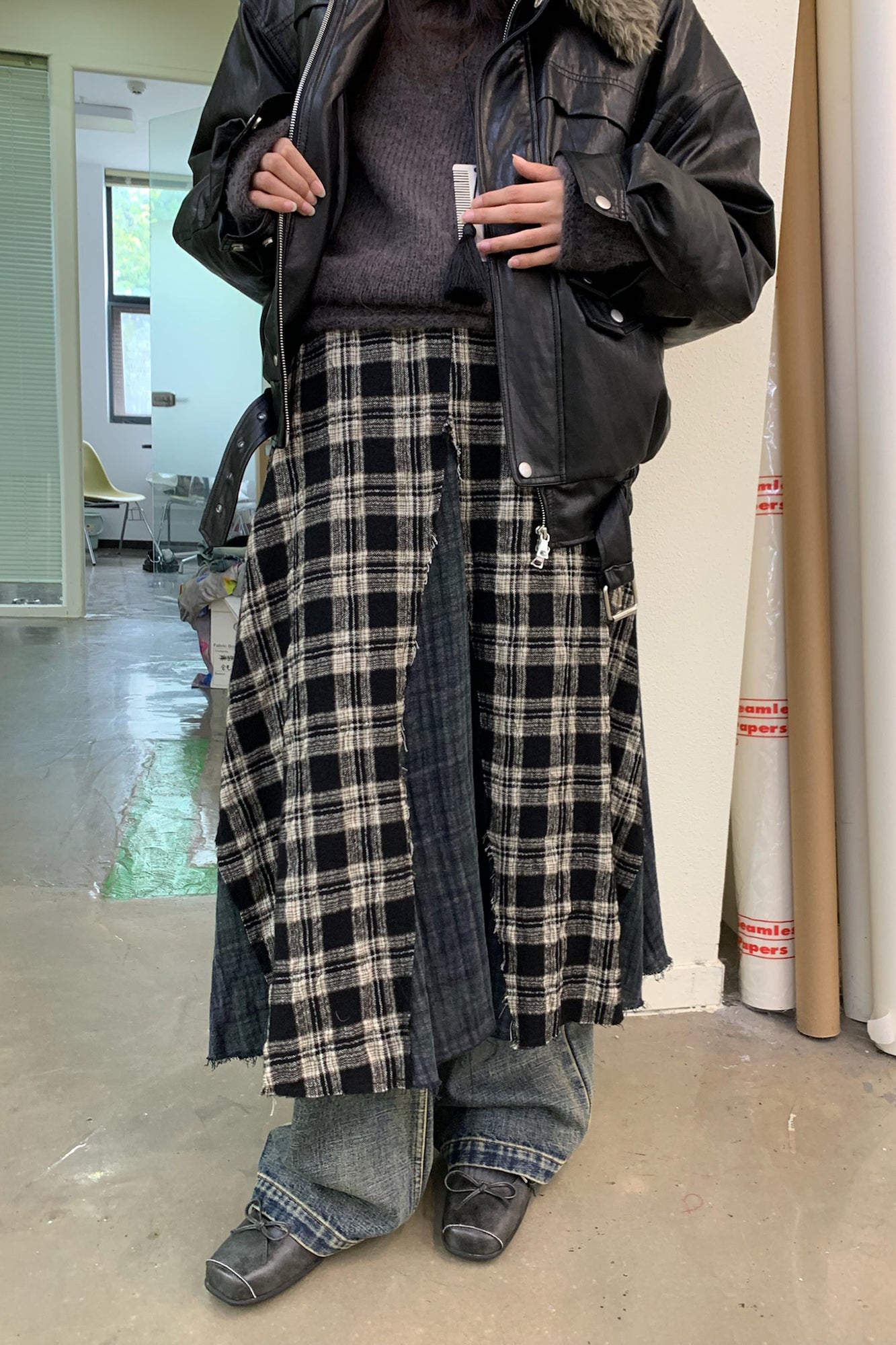 NEVERSEEZ Raw-Edge Plaid Panel Midi Skirt