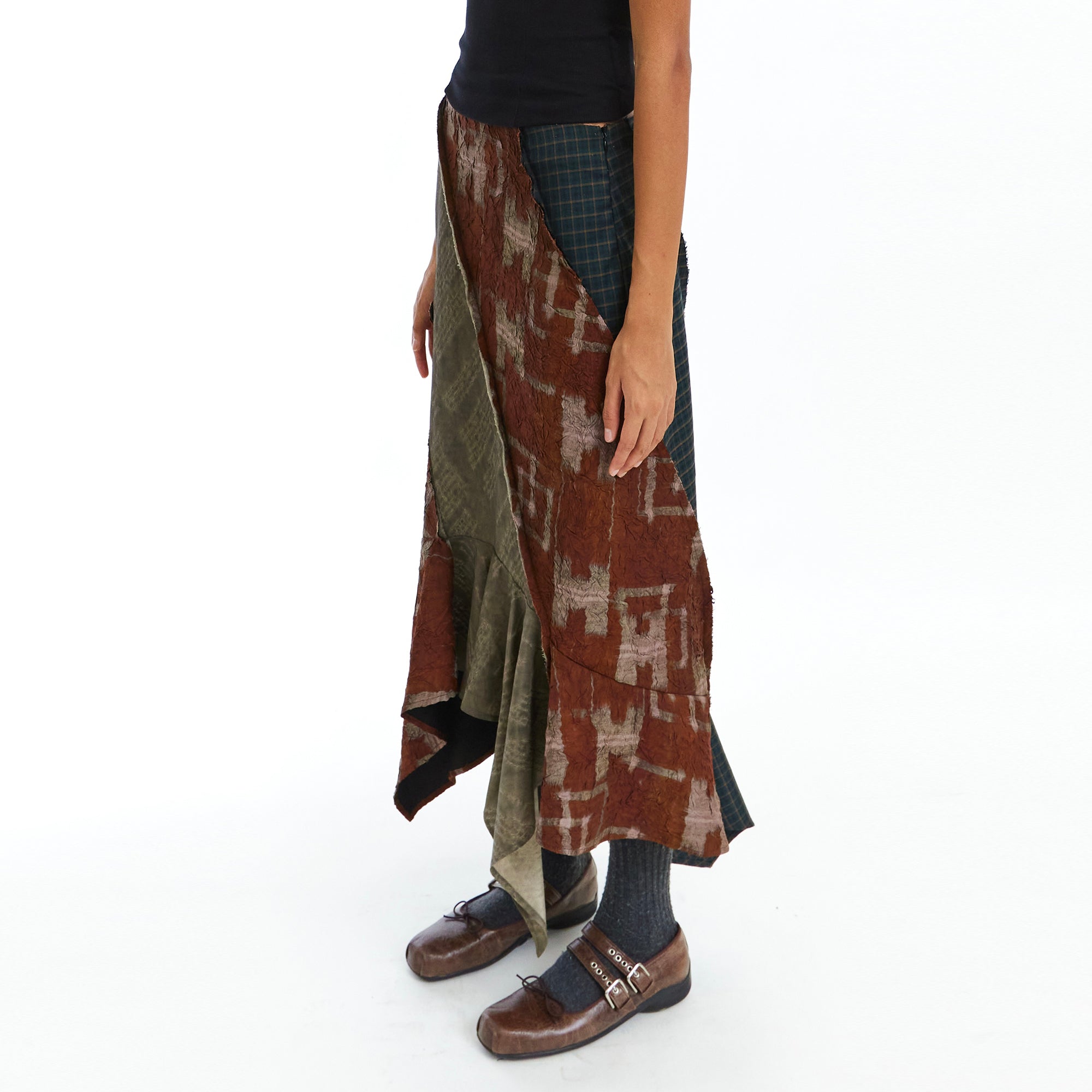 NEVERSEEZ Retro Spliced Print Flounce Midi Skirt