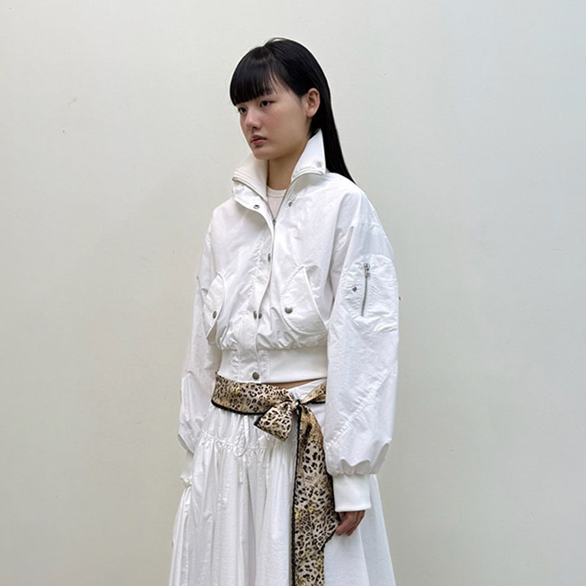 NEVERSEEZ Ruched-Back Cropped Bomber Jacket