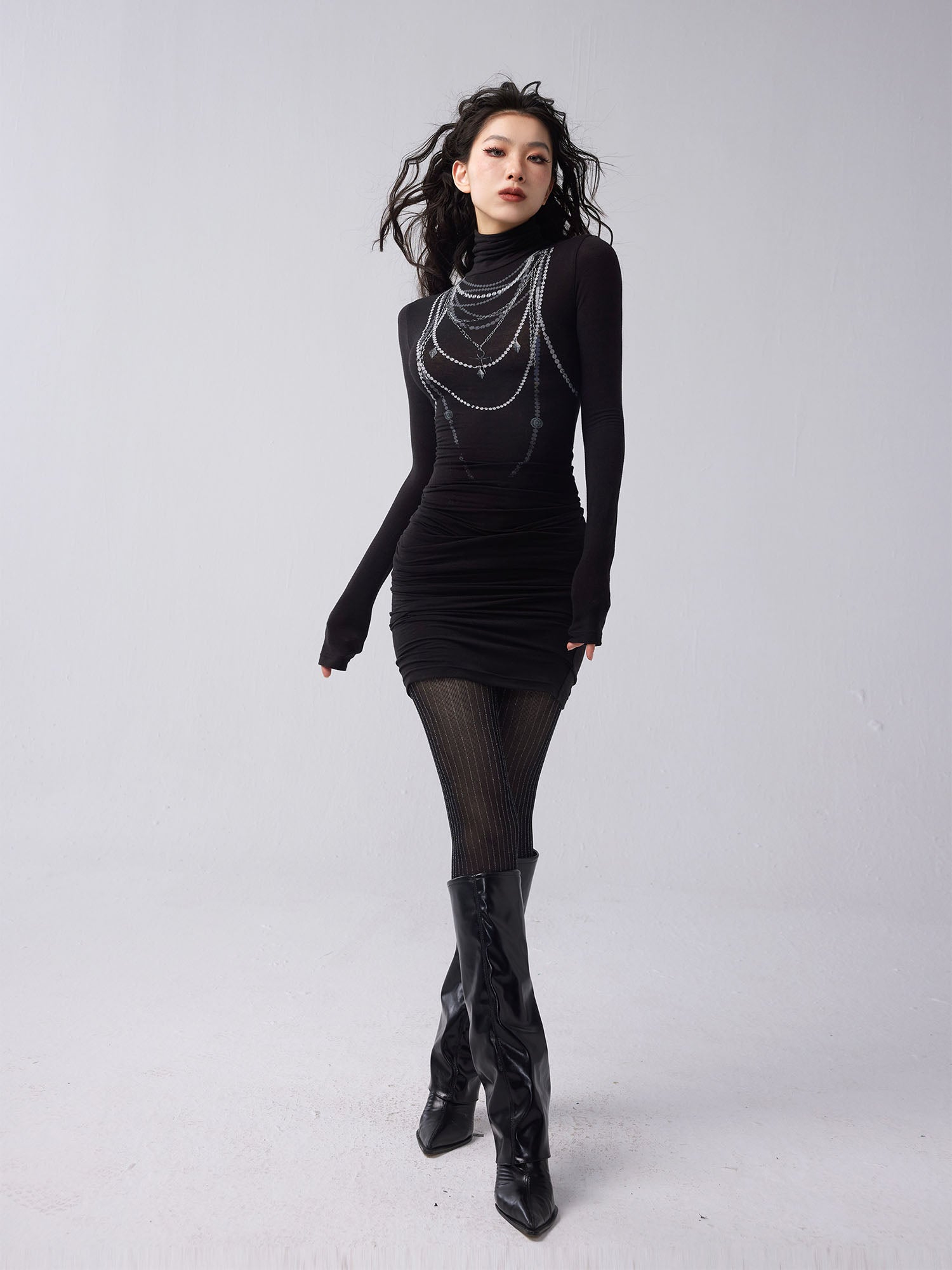 WHYNOTDANCE Pearl Graphic Turtleneck Stacked Dress