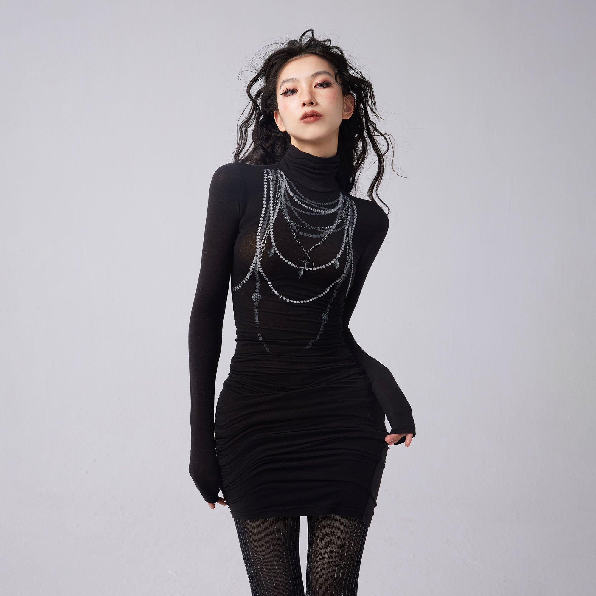 WHYNOTDANCE Pearl Graphic Turtleneck Stacked Dress