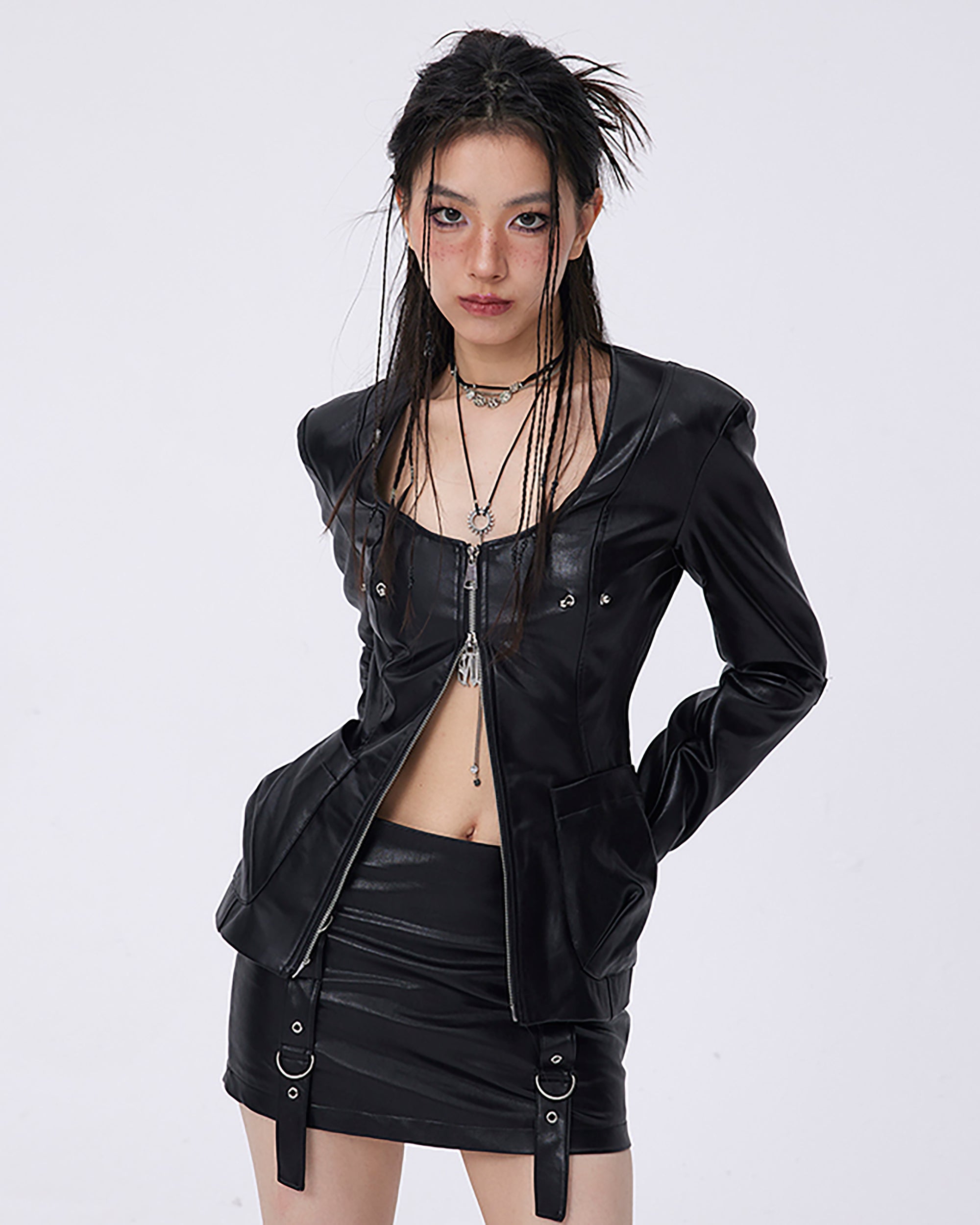 WHYNOTDANCE Belted Studded Faux Leather Bodycon Skirt