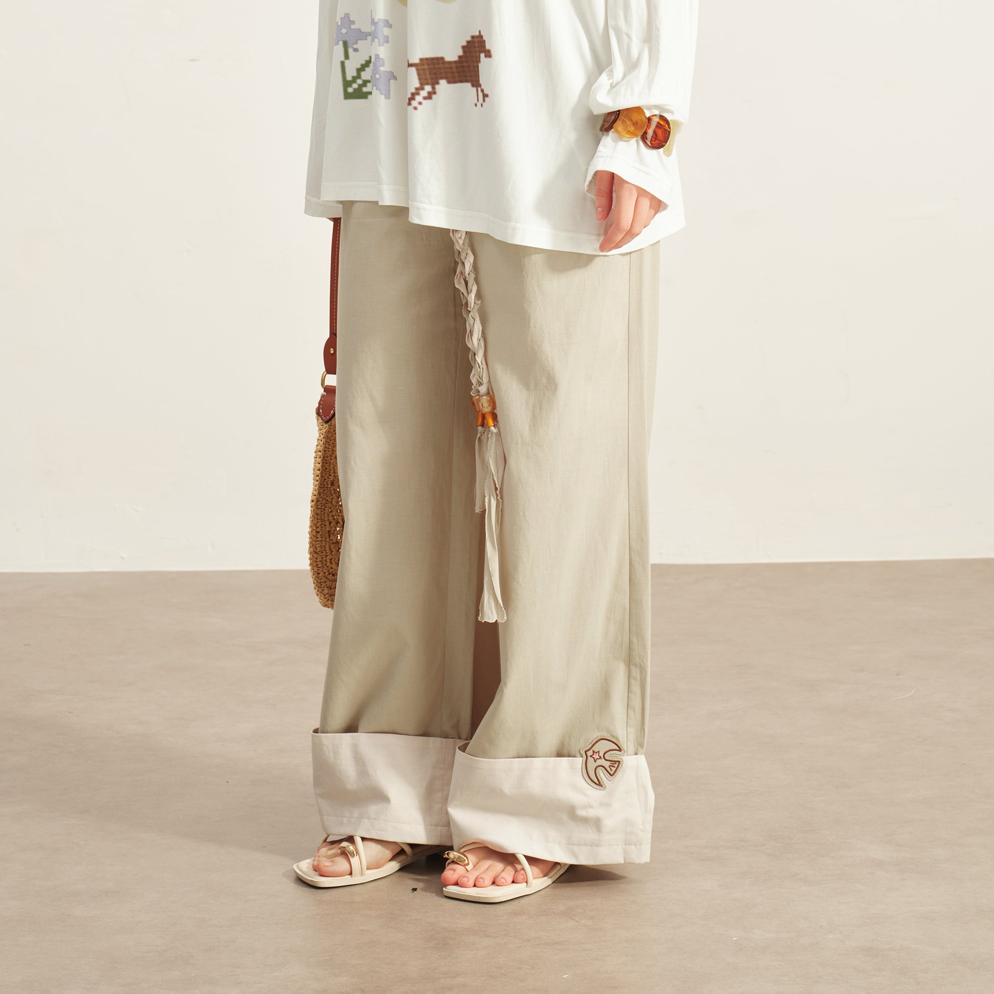 SOFITTE Fold-Hem Braided Drawstring Casual Pants